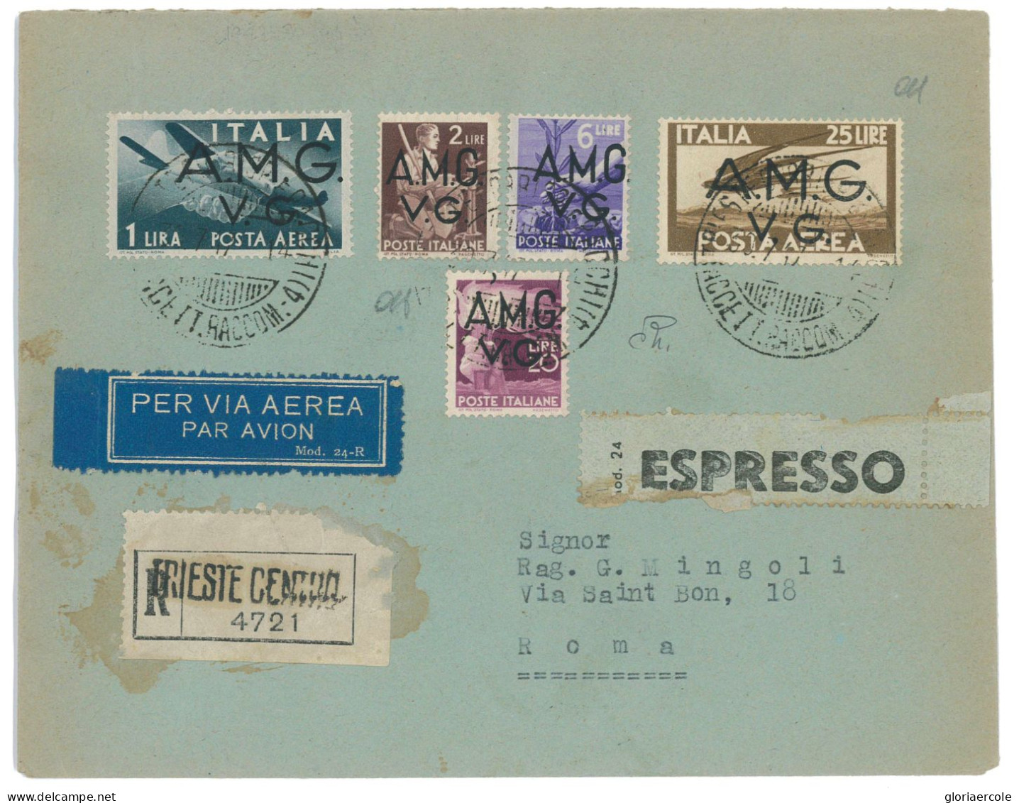 P2651 - ITALIA AMGVG , BELLISSIMA LETTERA RACCOMANDATA ESPRESSO PER ROMA, 30.7.47 IN TARIFFA ESATTA. - Poststempel