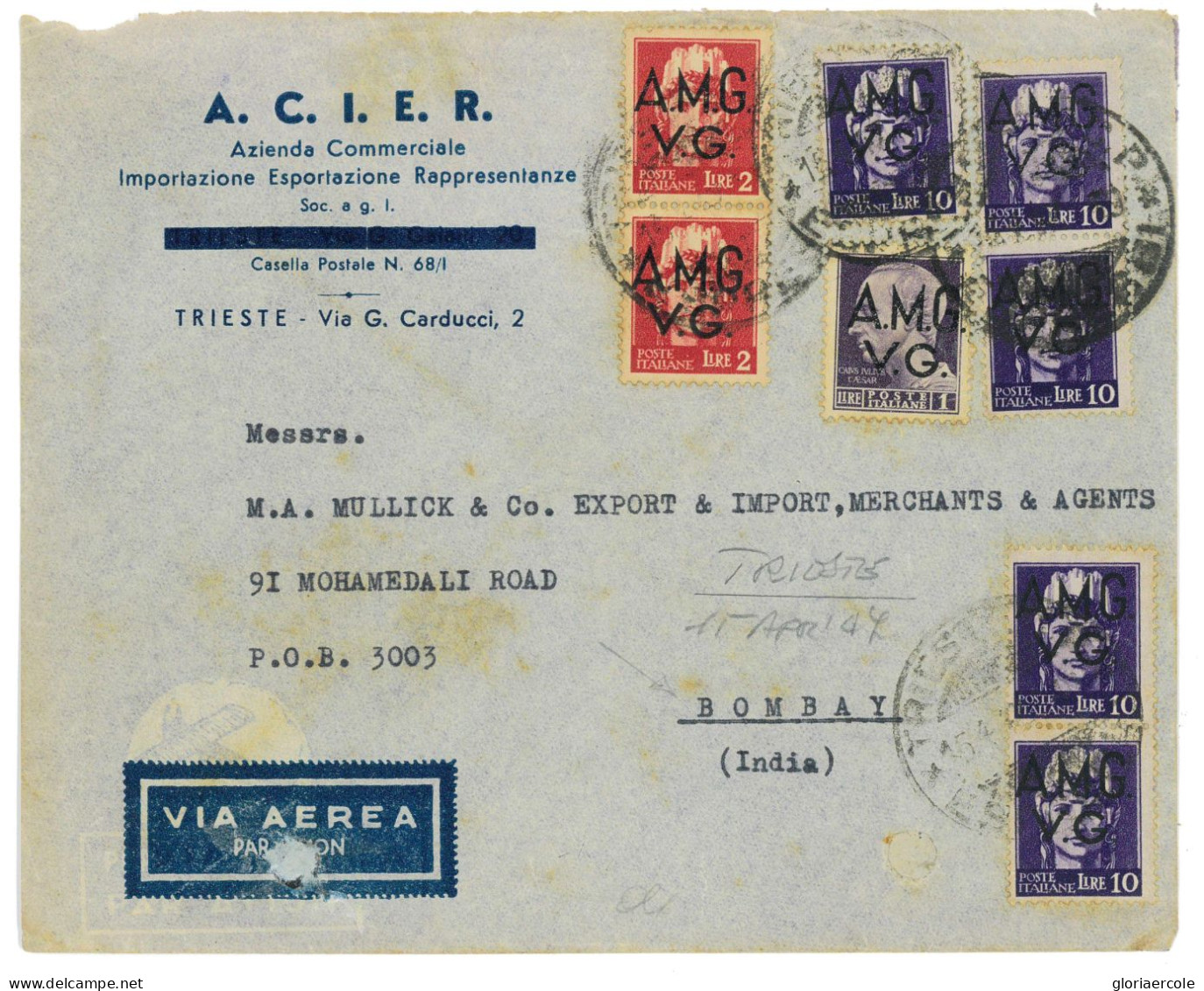 P2654 - ITALIA AMGVG , BELLISSIMA LETTERA COMMERCIALE, AFFRANCATA PER L. 55 (L 5 IN ECCESSO), PER L’INDIA 15.4.47 - Marcofilie