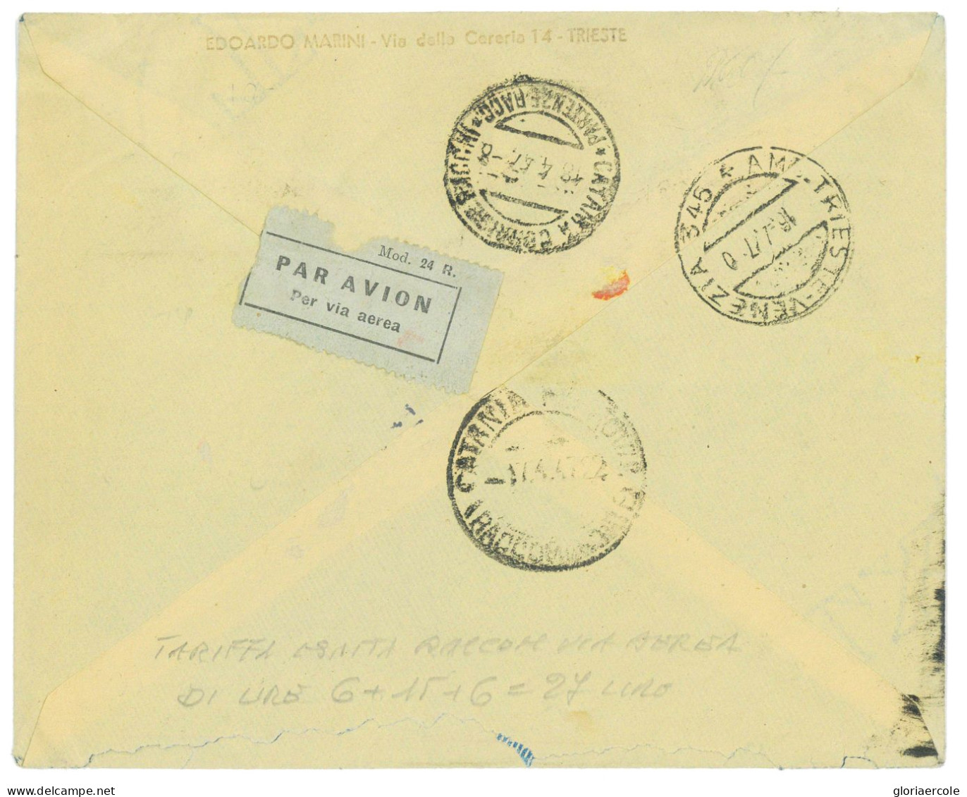 P2655 - ITALIA AMGVG , RACCCOMANDATA , VIA AEREA,PER CATANIA, IN TARIFFA ESATTA, 15.4.47 - Storia Postale