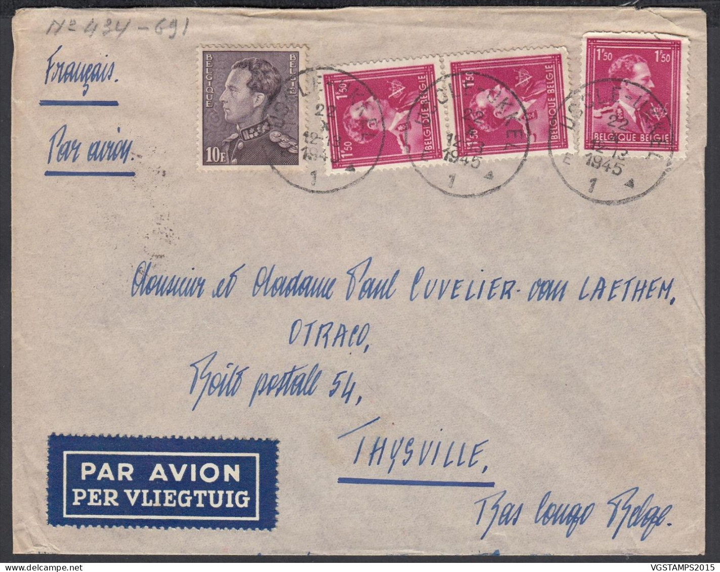 Belgique 1945 - Lettre Par Avion D' Uccle (Belgique)  à Destination Thysville (Bas Congo Belge)... (EB) DC-12410 - 1936-1951 Poortman