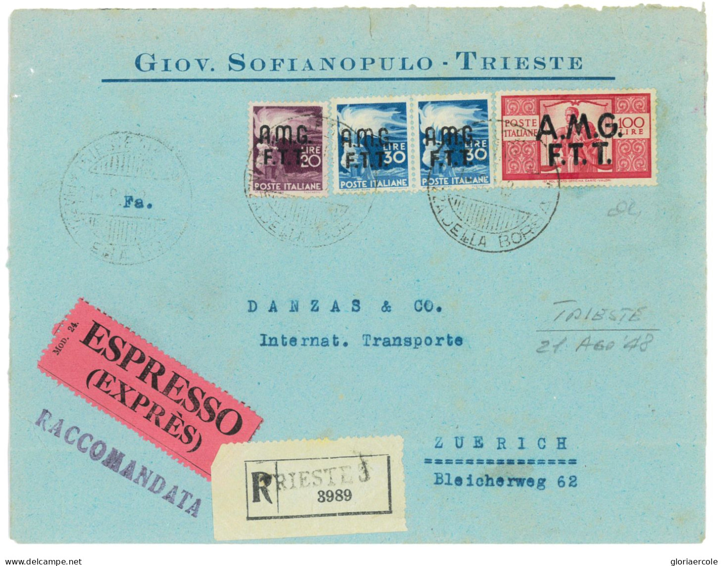 P2658 - ITALIA AMGVFTT TRIESTE A 100 L DEMOCRATICA + ALTRI VALORI RACCOMANDATA ESPRESSO PER LA SVIZZERA.21.8.48 - Storia Postale