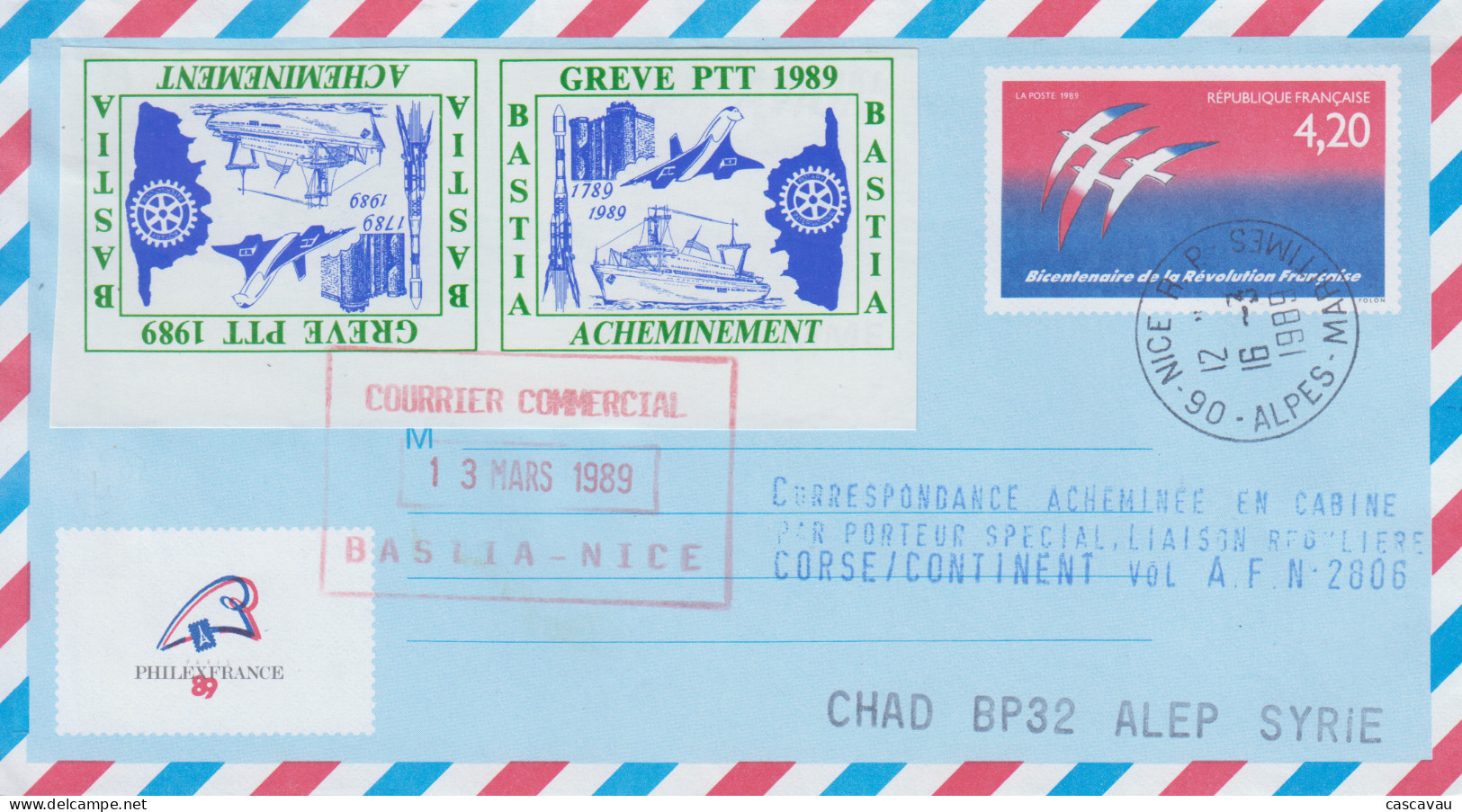 Aérogramme    FRANCE    Gréve  PTT  BASTIA  1989   Vignettes  Tête  Bêche    1989 - Autres & Non Classés