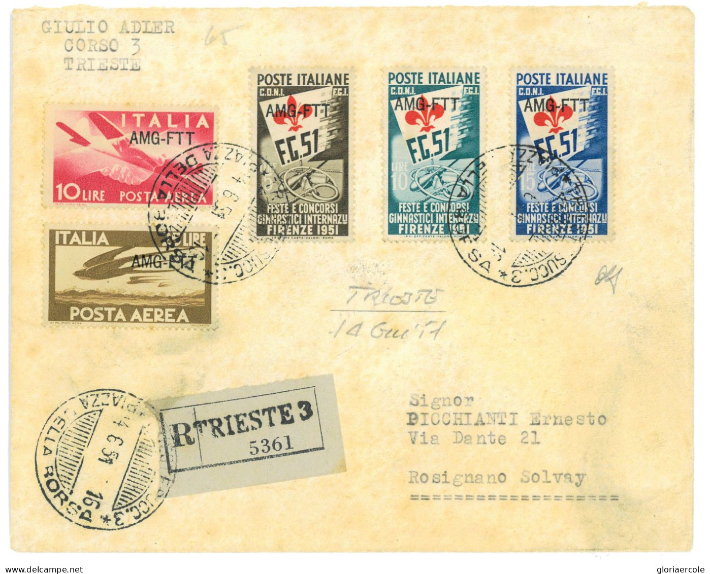 P2659 - ITALIA AMG-FTT , GIOCHI GINNICI SU BUSTA, +`ALTRI, RACCOMANDATA PER ROSIGNANO SOLVAY 14.6.51 - Storia Postale