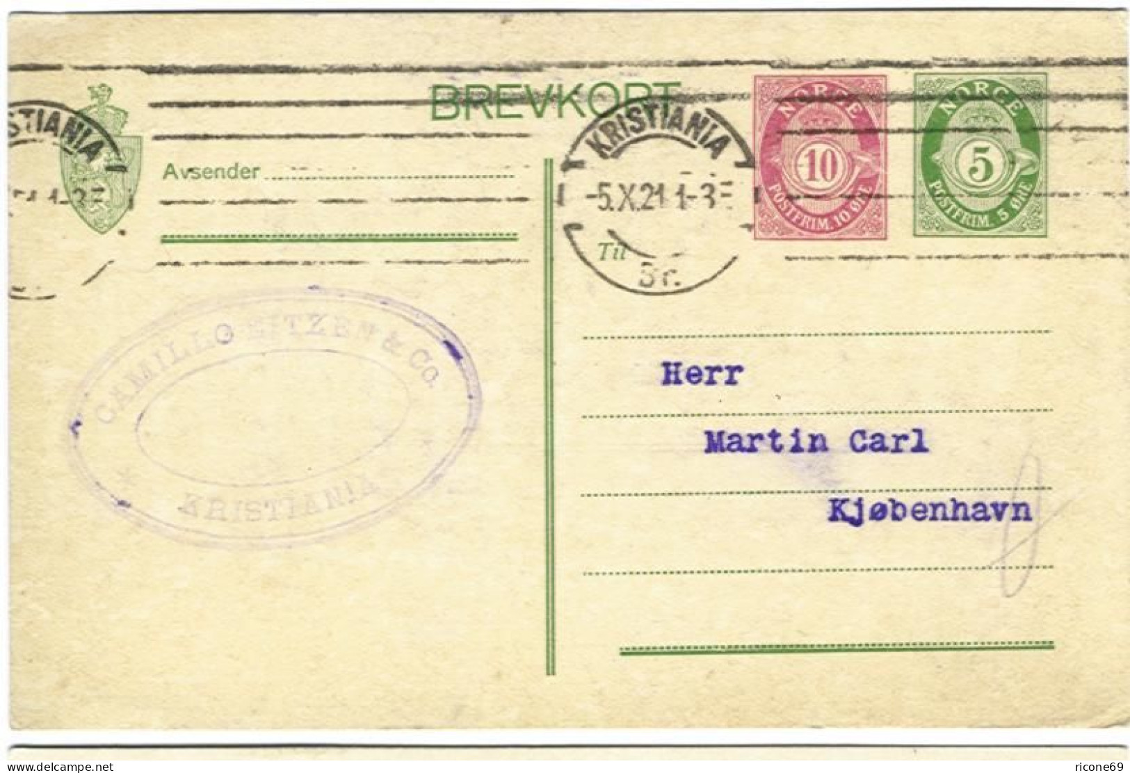 Norwegen 1921, 5+10 öre Ganzsache M. 2 Wertstempeln, Auslandsgebr. N. DK. #S146 - Ganzsachen