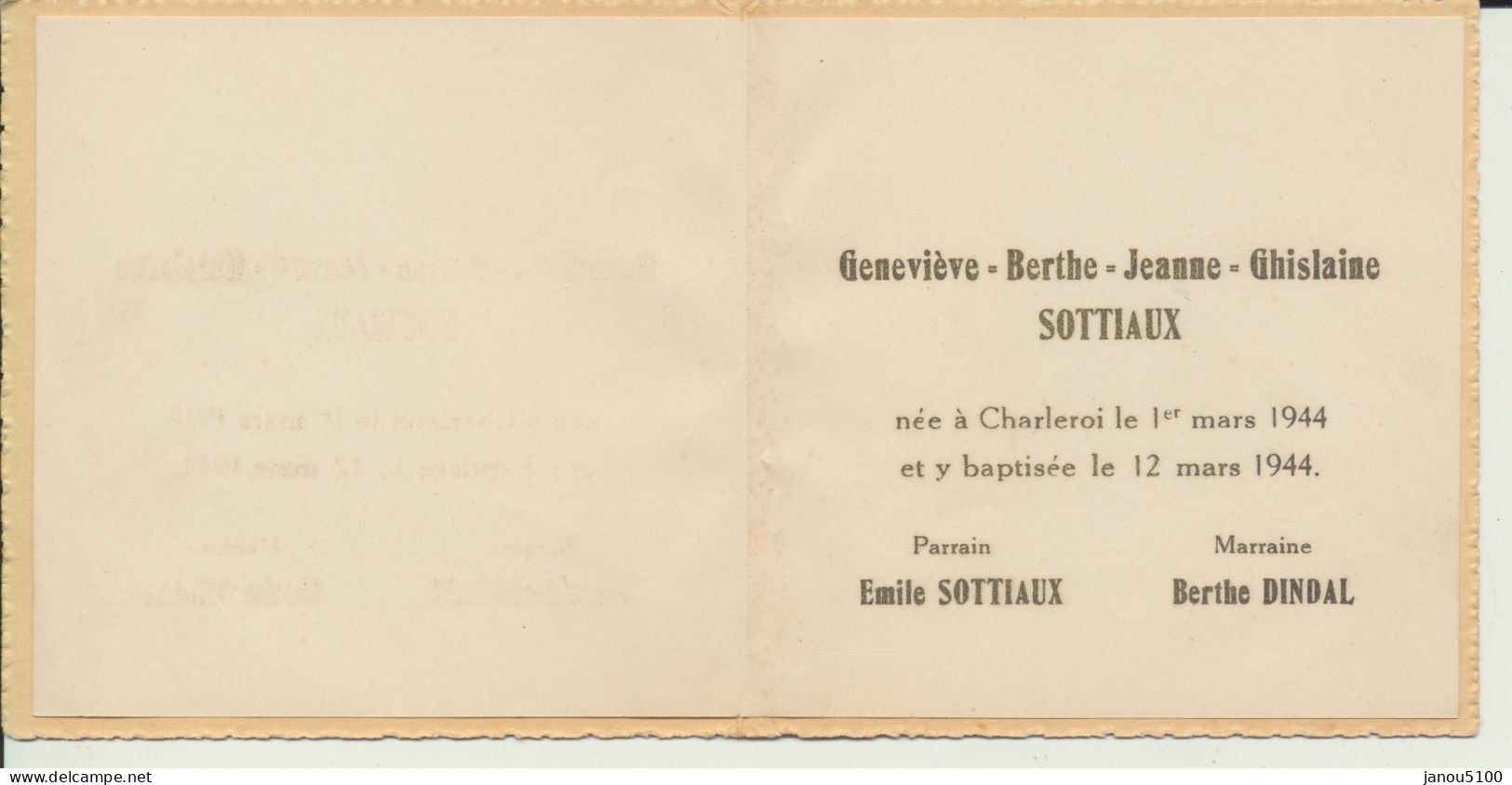 VIEUX PAPIERS  FAIRE-PART   NAISSANCE  & BAPTEME      1944. - Naissance & Baptême