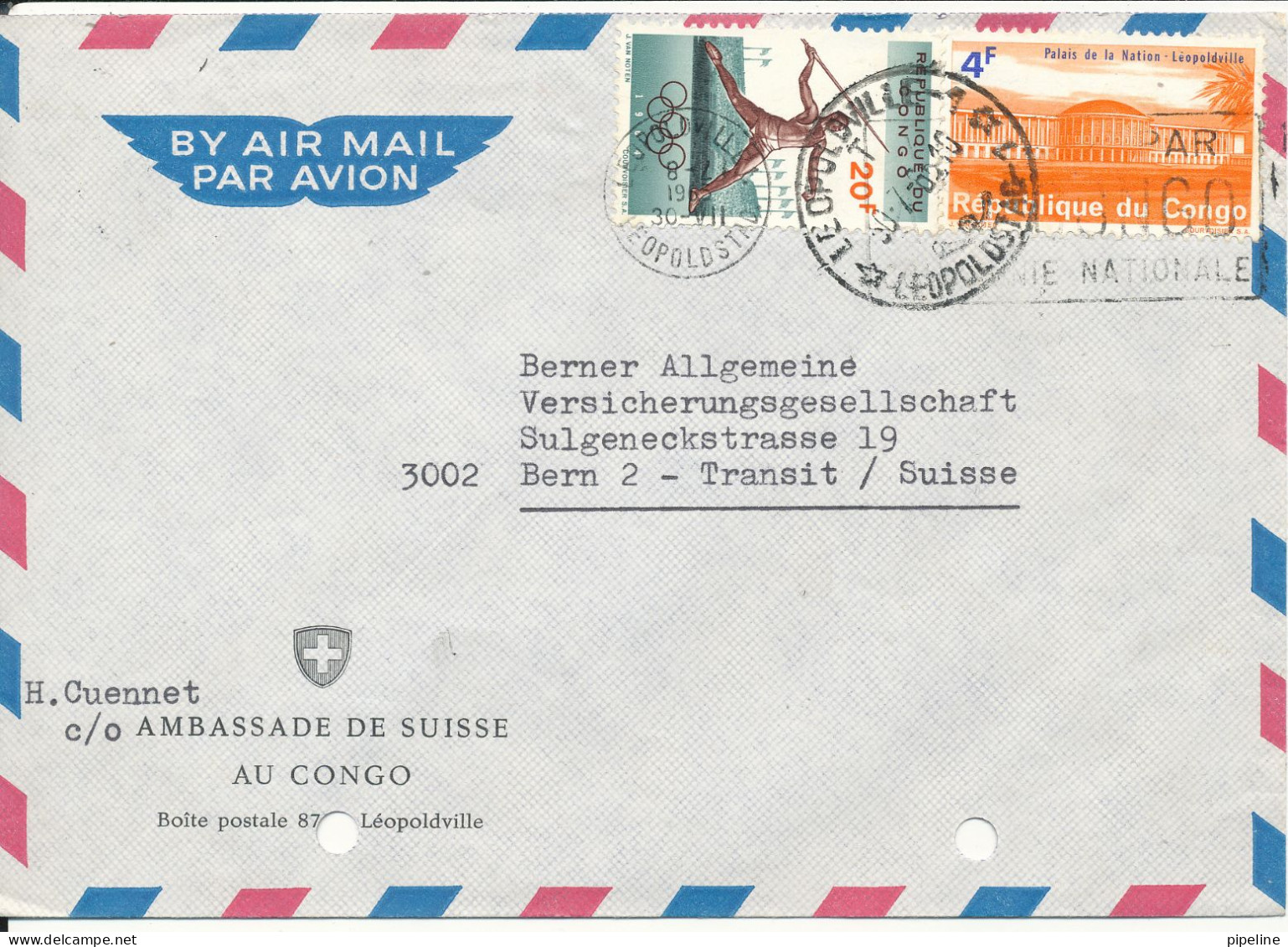 Congo Kinshasa Air Mail Cover Sent To Denmark Leopoldville 30-7-1965 From The Embassy Of Switzerland Archives Holes On - Afgestempeld