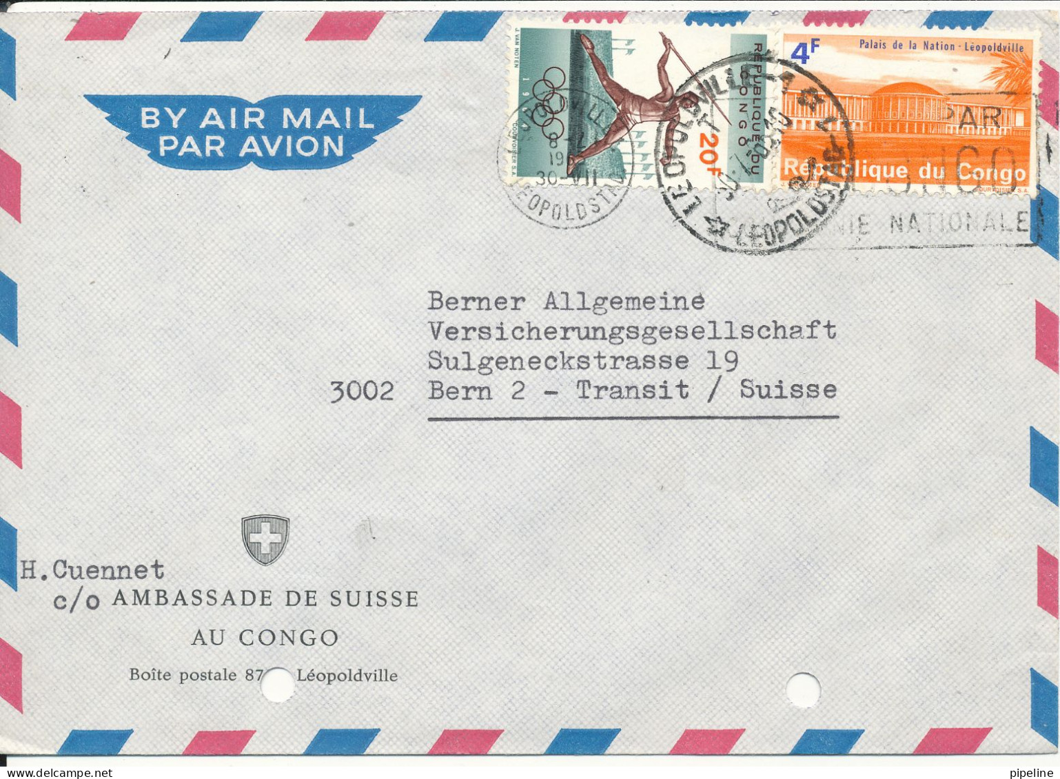 Congo Kinshasa Air Mail Cover Sent To Denmark Leopoldville 30-7-1965 From The Embassy Of Switzerland Archives Holes On - Usados