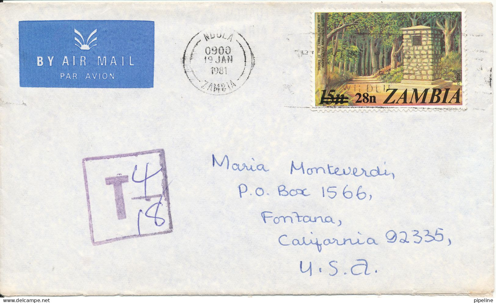 Zambia Underpaid Cover With Postal Due T Sent Air Mail To USA Ndola 19-1-1981 - Zambia (1965-...)