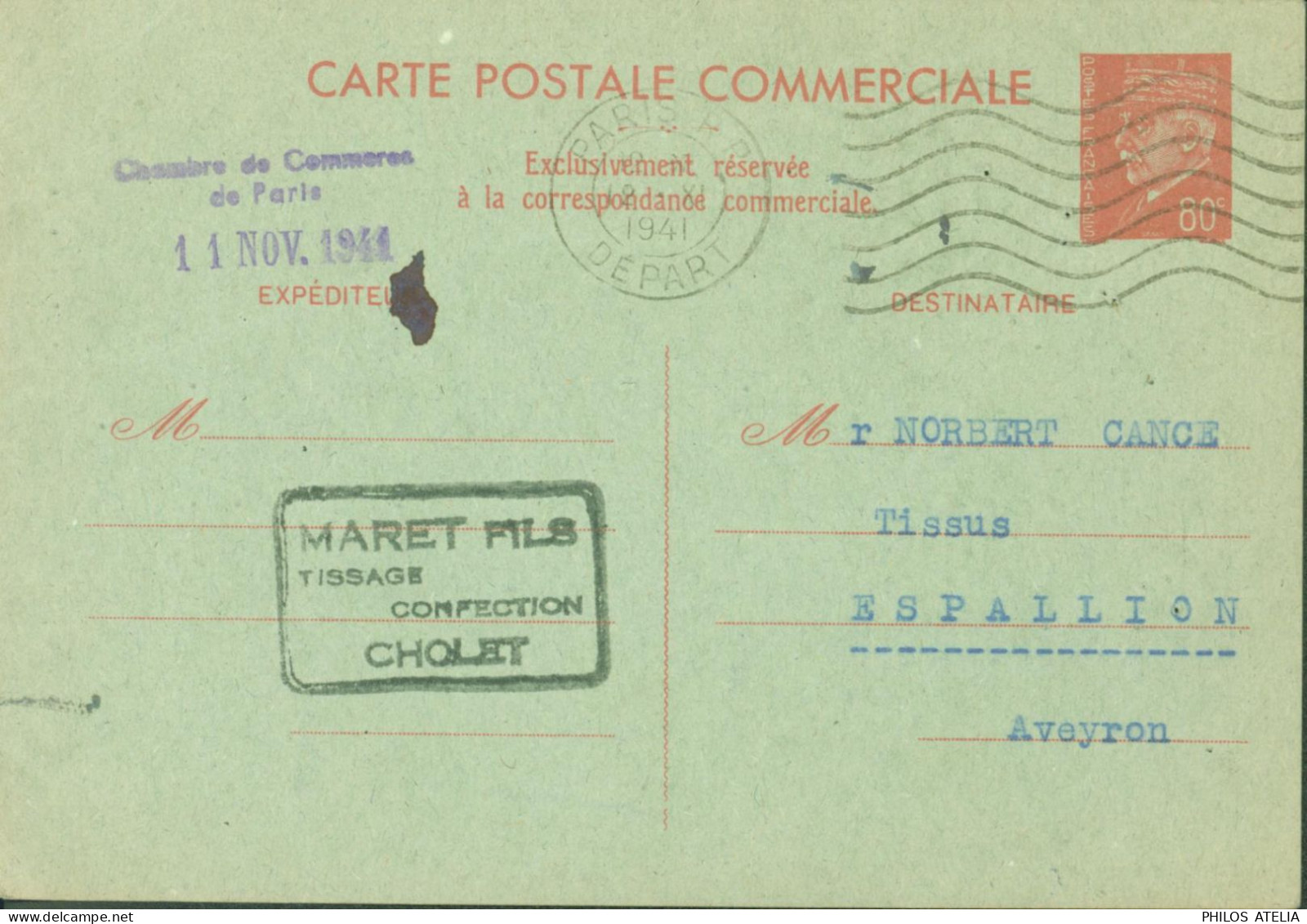 Guerre 40 Entier Pétain 80c Rouge Sur Vert CP Commerciale Storch B1 Chambre Commerce Paris 11 NOV 1941CAD Paris Départ - WW II