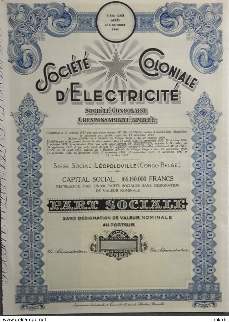 Société Coloniale D' Electricité -  Leopoldville - 1947 - Part Sociale  - Unissued - Afrika