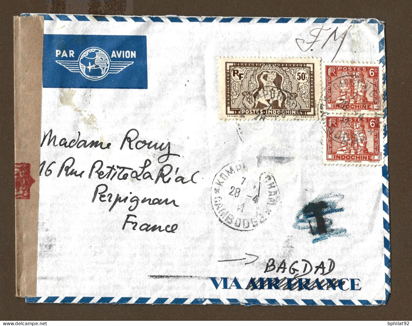 !!! LETTRE PAR AVION DE 1941 POUR LA FRANCE, VIA BAGDAD AVEC CACHET DE KOMPANG CHAN, CAMBODGE - Poste Aérienne