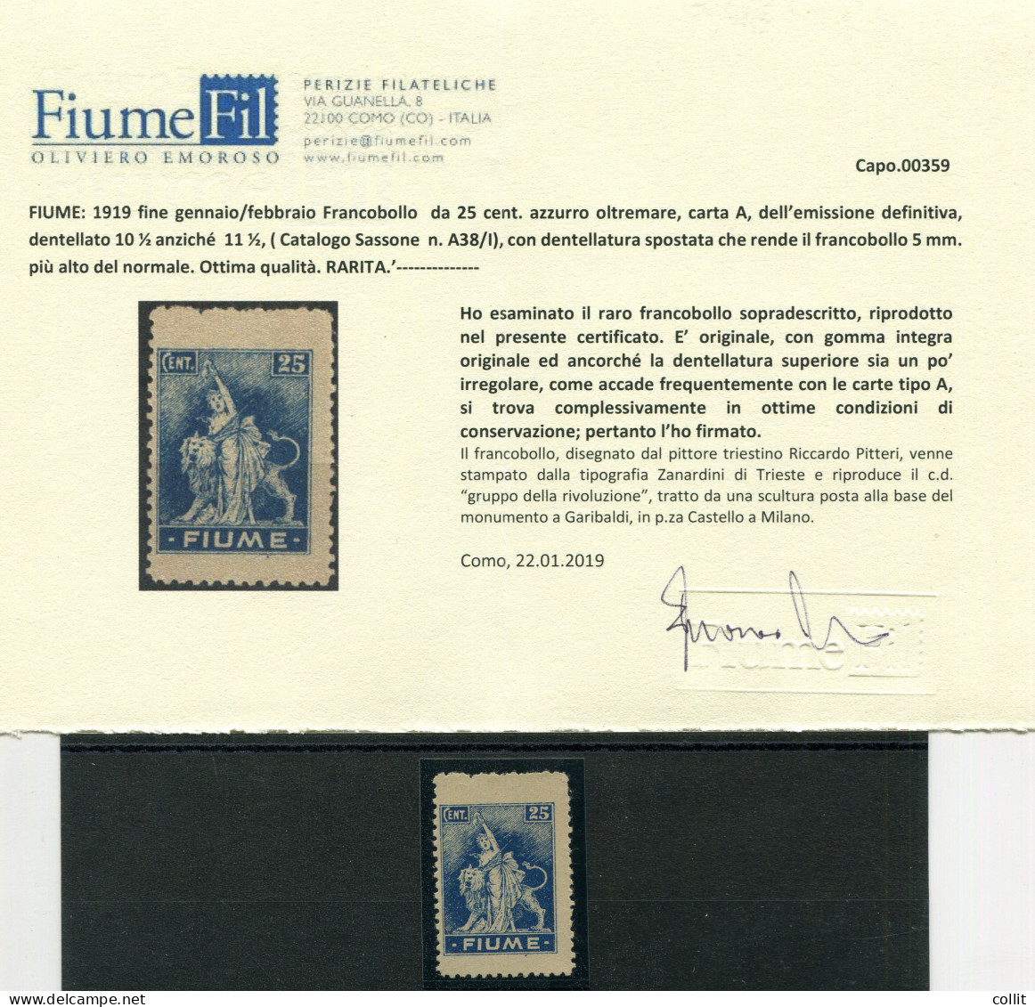 Fiume - Allegoria Cent. 25 N. A 38/I (carta A) Dentellato 10,1/2 - Emissions Locales/autonomes