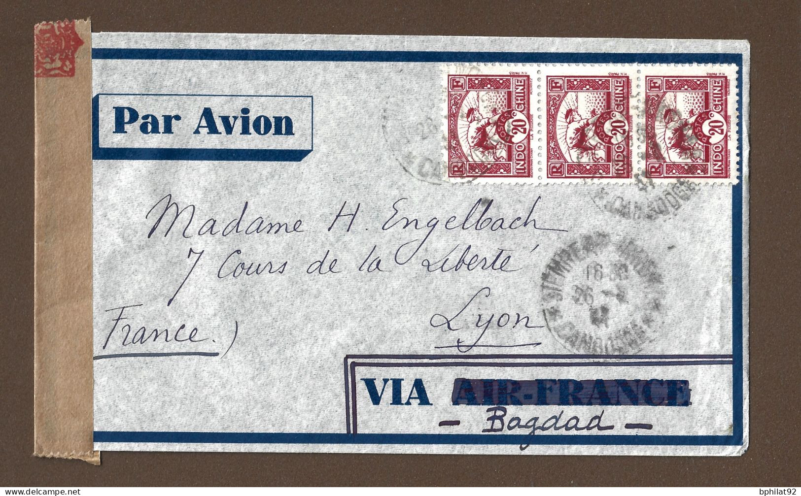 !!! LETTRE PAR AVION DE 1941, POUR LYON VIA BAGDAD AVEC MARQUE DE CENSURE ET CACHET DU CAMBODGE (SIEMRÉAP-ANGKOR) - Luchtpost