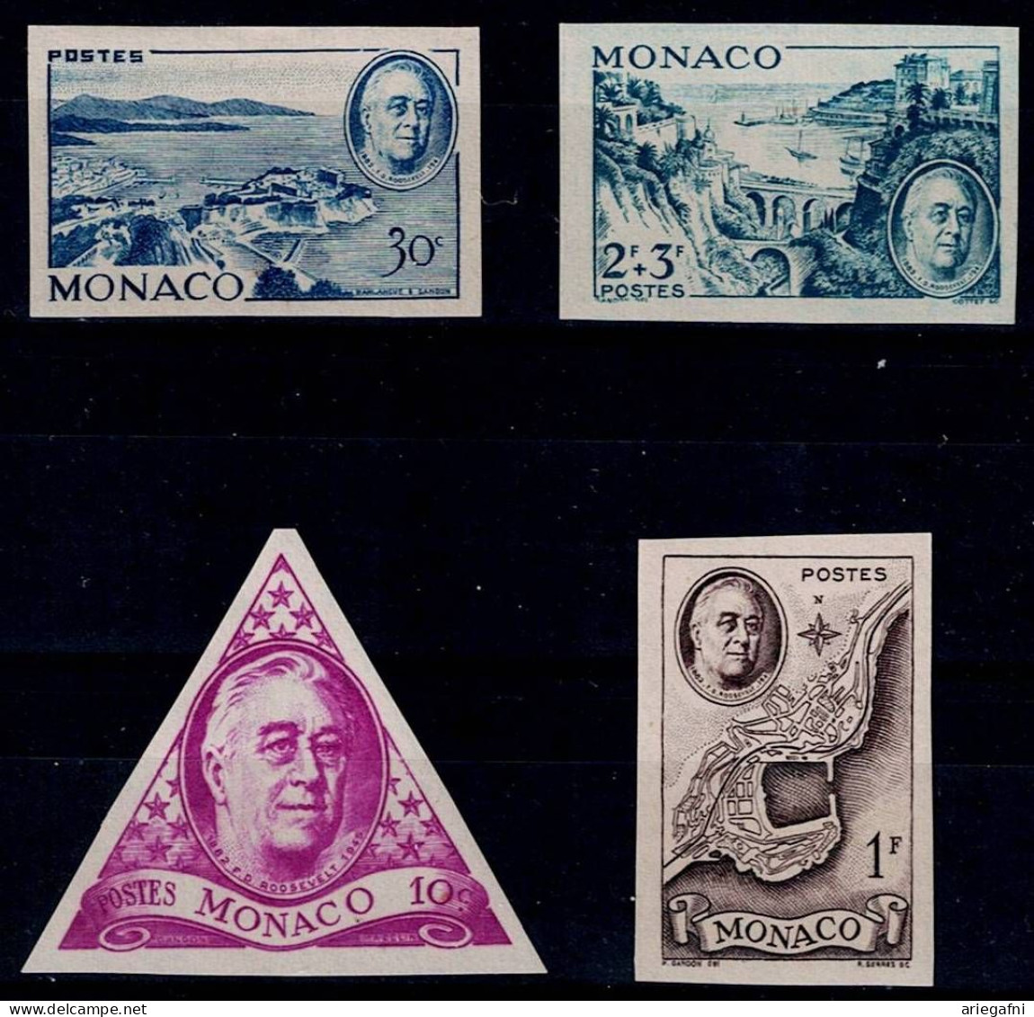 MONACO 1946 1ST DEATH ANNIVERSARY OF FRANKLIN D. ROOSEVELT STAMP IMPERF PROOF MI No 322-5 MNH VF!! - Variétés