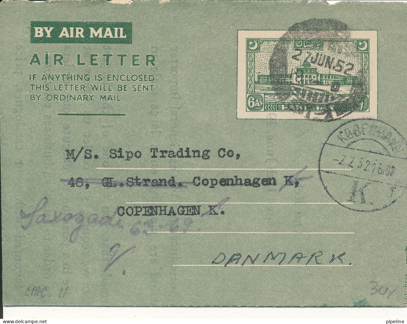 India Aerogramme Sent To Denmark 27-6-1952 - Airmail