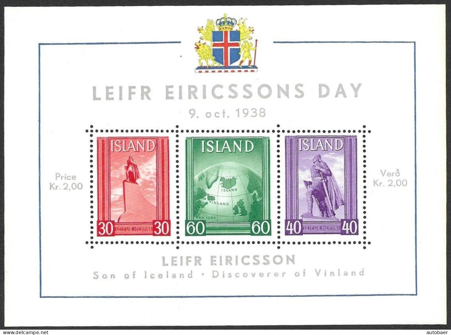 Island Iceland Islande 1938 Leifr Eiricssons Day Michel No. Bl. 2 (197-99) Postfrisch Neuf MNH ** - Neufs