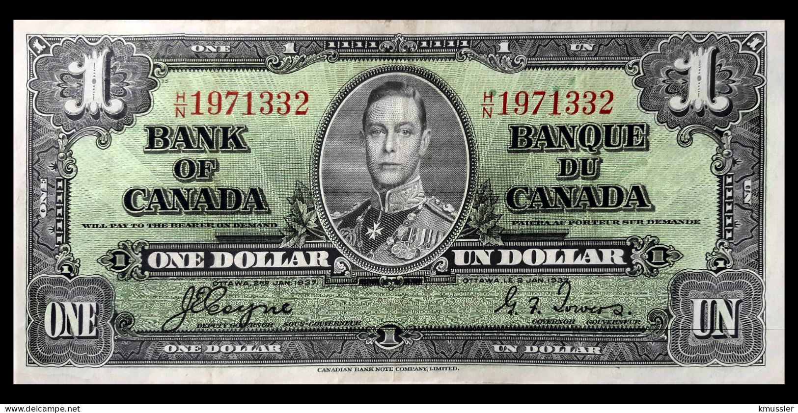 # # # Ältere Banknote Kanada (Canada) 1 Dollar 1937 Edward (CBNCL) # # # - Canada