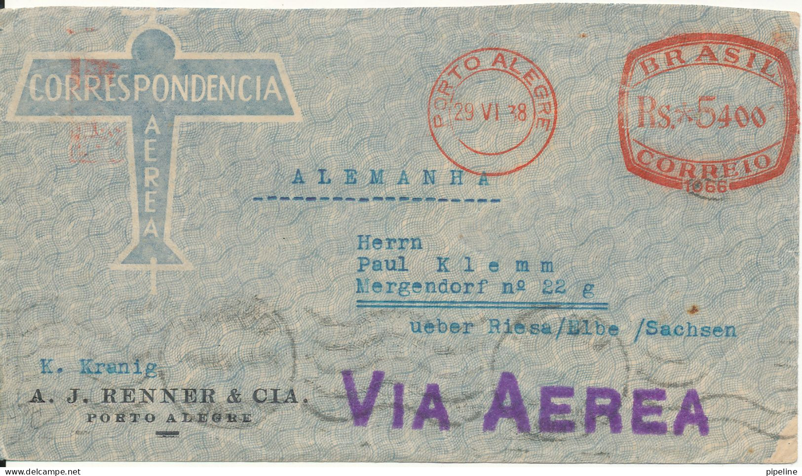 Brazil Air Mail Cover With Red Meter Cancel Sent To Germany 29-6-1938 - Poste Aérienne