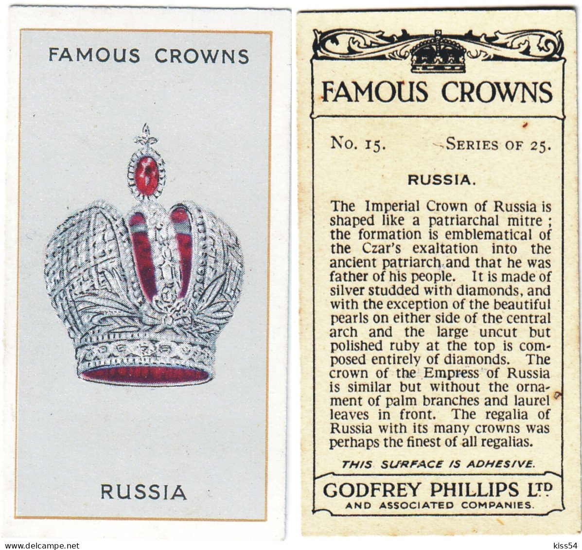 CR 1 - 15b Famous Crown, RUSSIA,  Imperial CROWN - Godfrey Phillips -1938 - Phillips / BDV