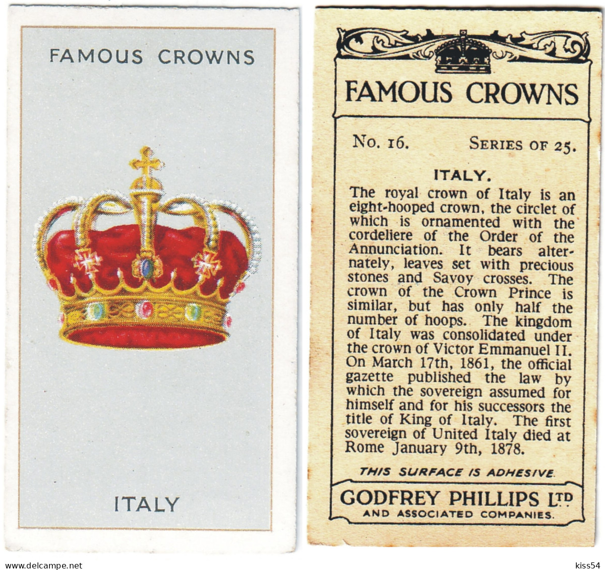 CR 1 - 16b Famous Crown, ITALY, King Victor EMMANUEL II - Godfrey Phillips -1938 - Phillips / BDV