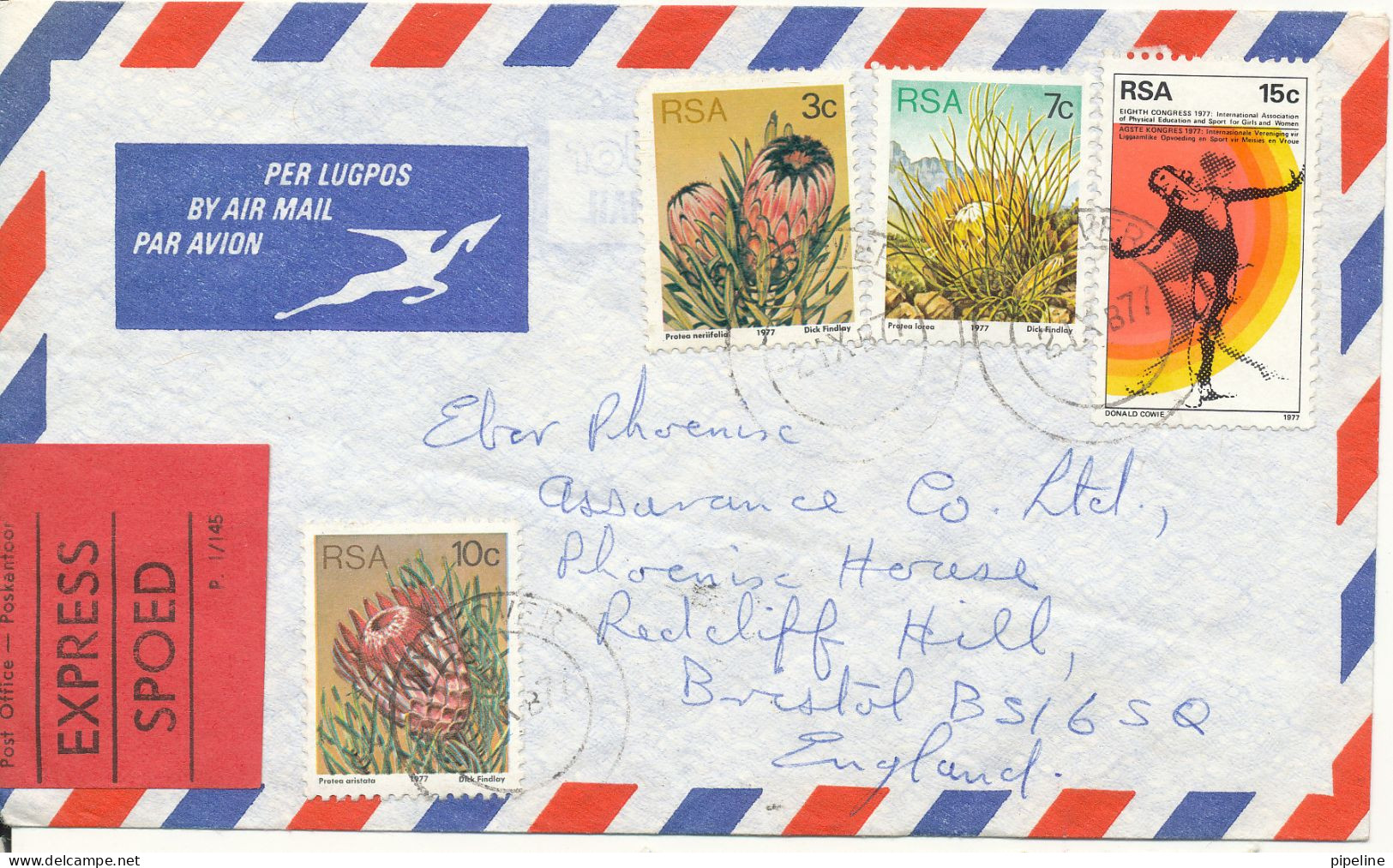 South Africa Air Mail Cover Sent Express To England 21-10-1977 Topic Stamps - Poste Aérienne