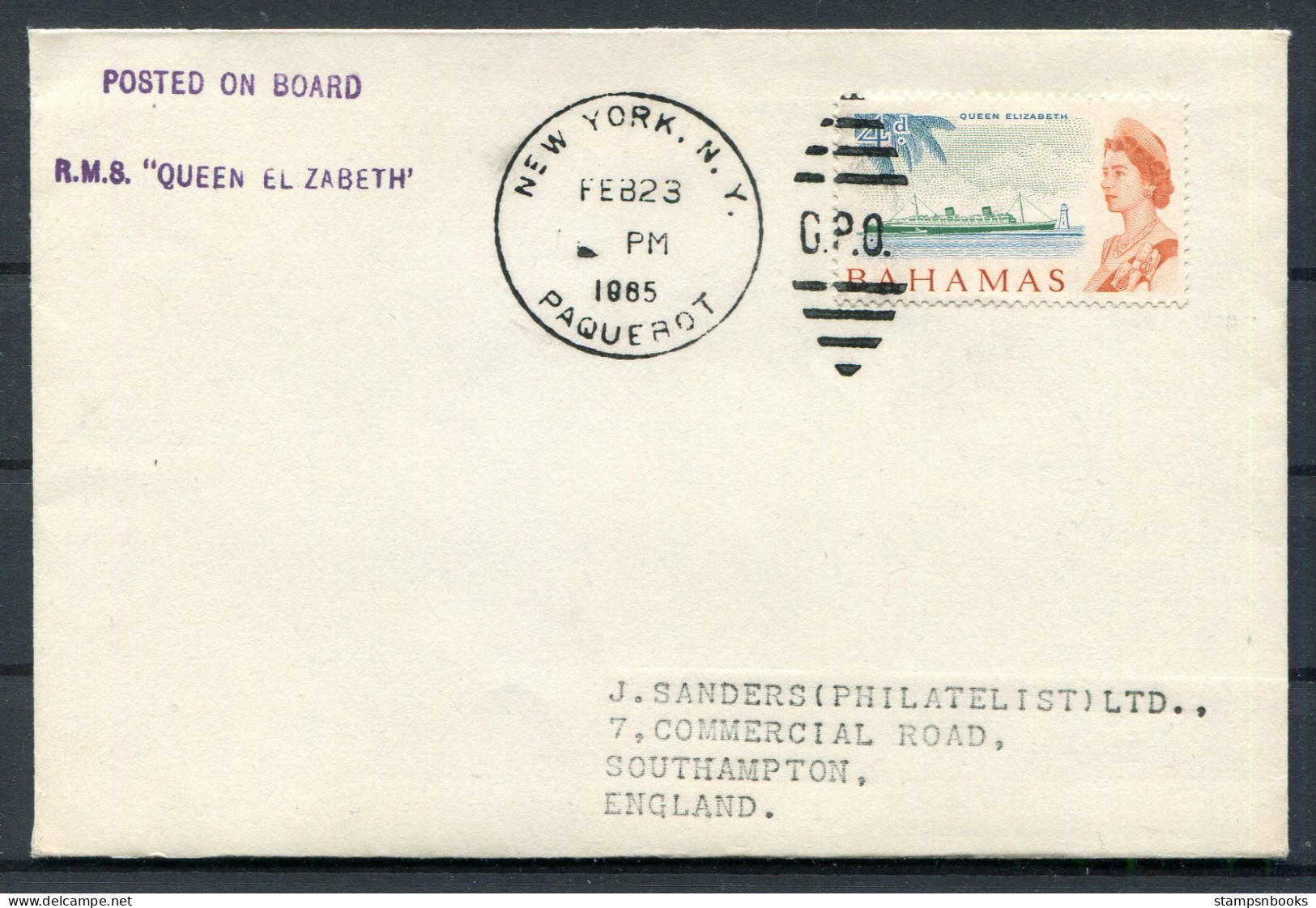 1965 Bahamas R.M.S. "QUEEN ELIZABETH" New York, USA Paquebot Ship Cover  - 1963-1973 Autonomia Interna