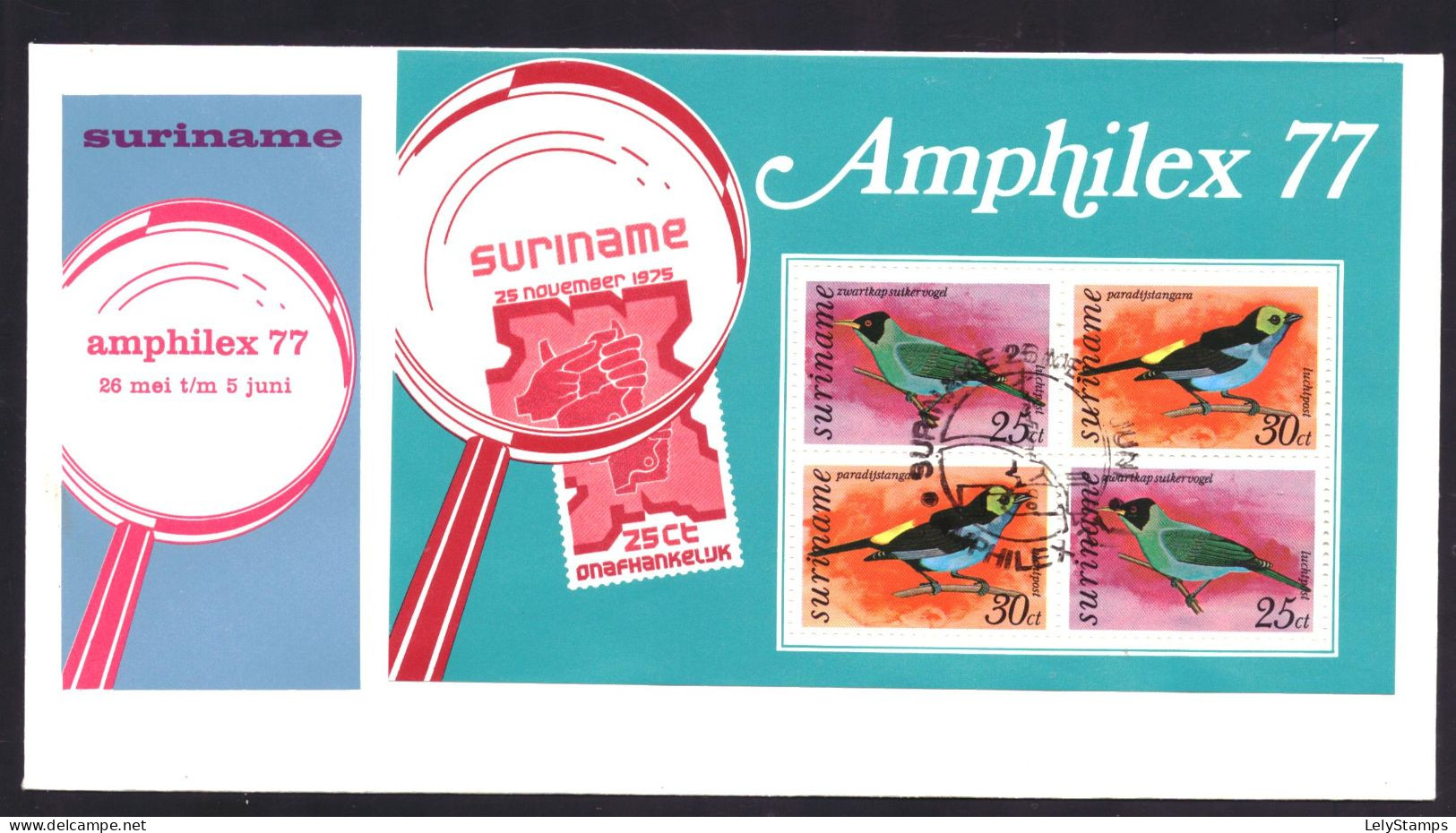 Suriname Republiek / Surinam Republic FDC E014 A T/m D + T1 Birds Nature Animals (4 Scans) (1977) - Suriname