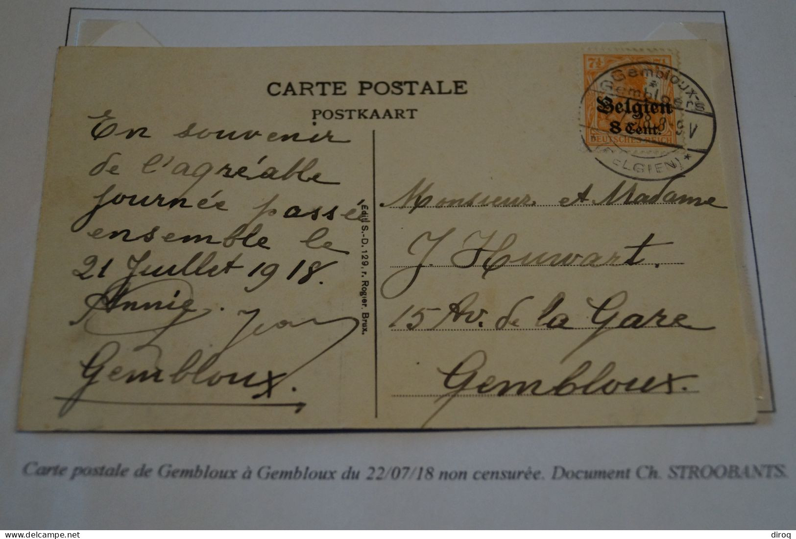 Courrier,envoi,guerre 14-18,sur Carte Postale De Gembloux,oblitération Militaire,occupation Allemande 1918 - OC38/54 Belgische Bezetting In Duitsland