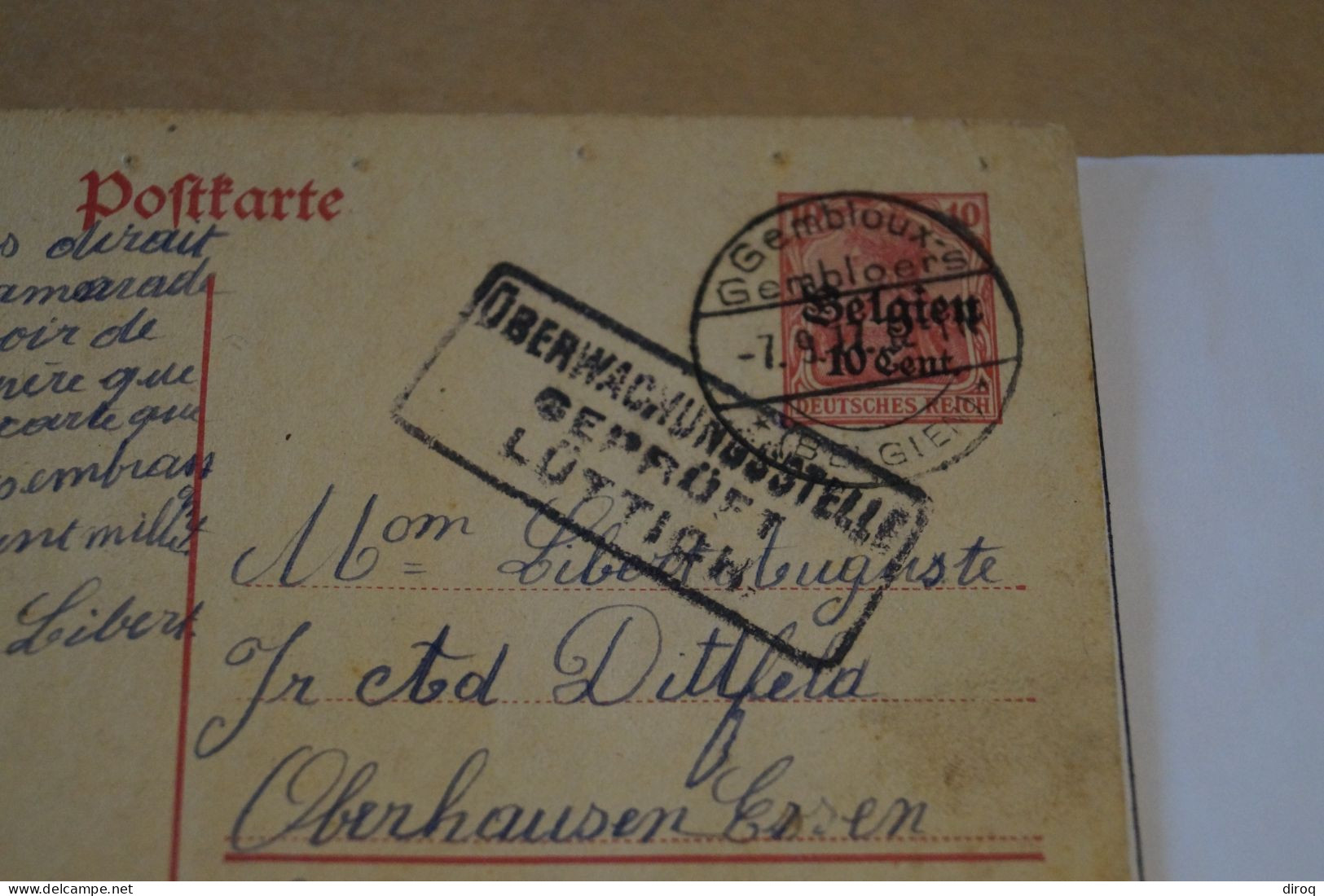 Courrier,envoi,guerre 14-18,oblitération De Gembloux,oblitération Militaire,occupation Allemande 1917 - OC38/54 Ocupacion Belga En Alemania