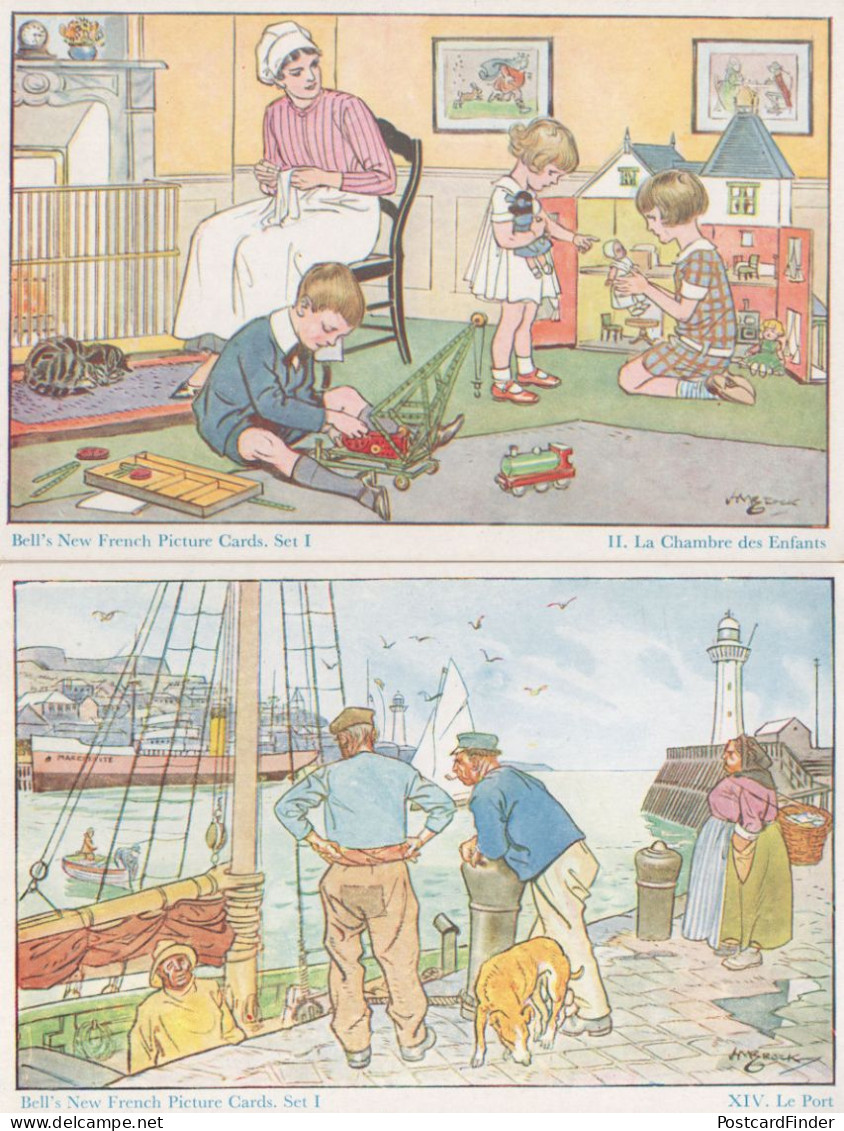 French Boy With Toy Model Train Crane Ship 2x Old Sketch Postcard S - Collections & Lots