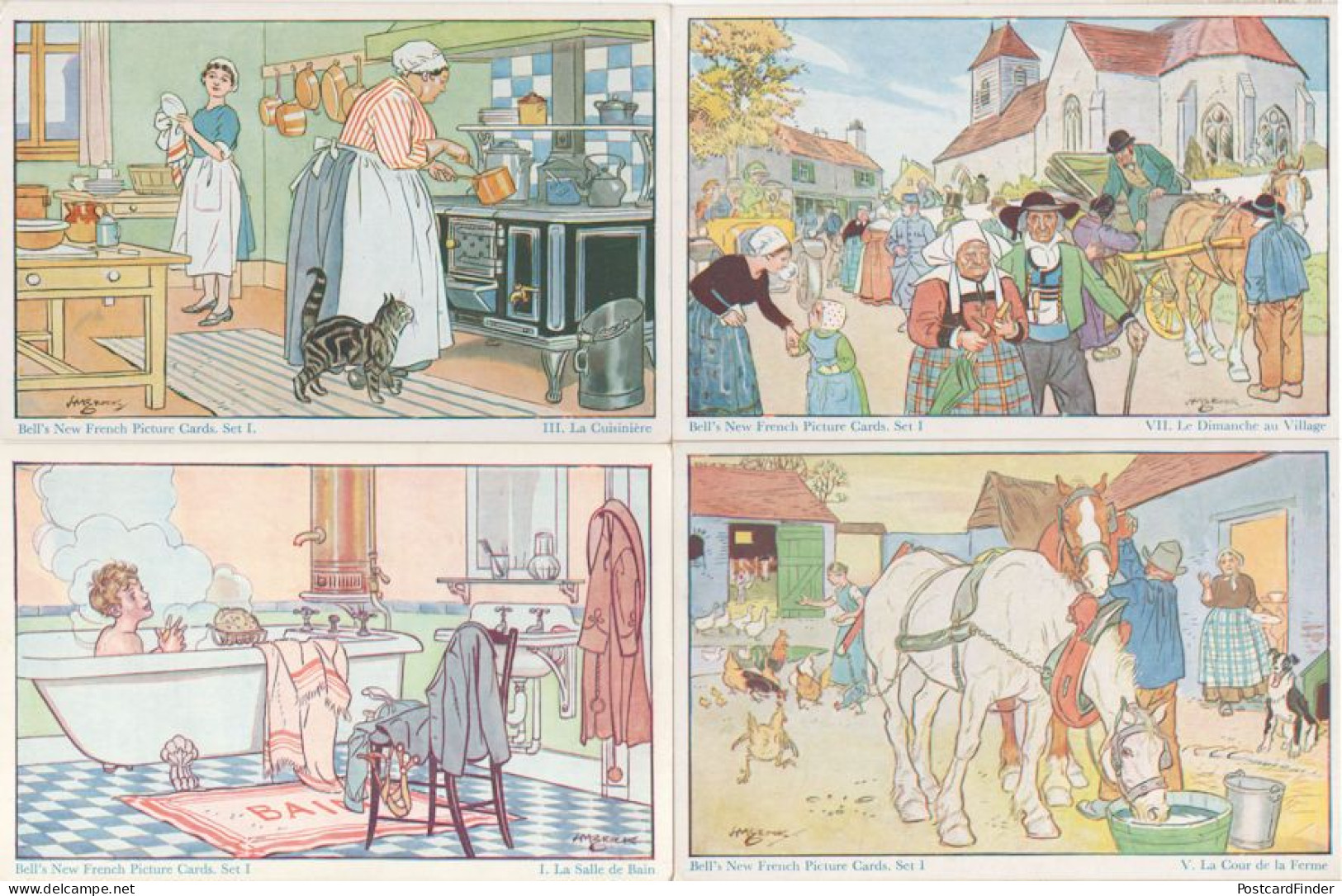 French Bathroom Kitchen Farm Village 4x Drawing Old Postcard S - Colecciones Y Lotes