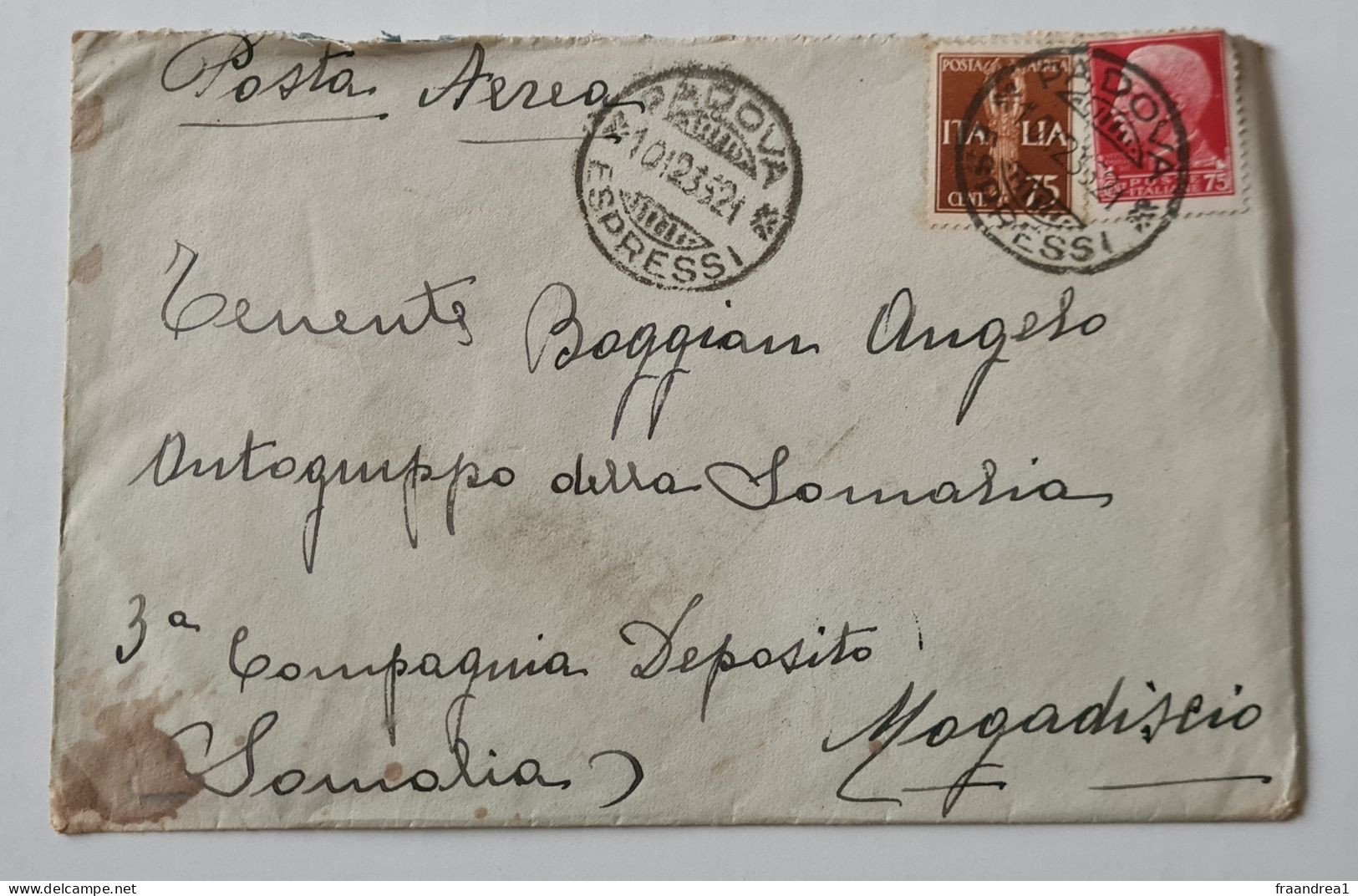 STORIA POSTALE  ITALIA  SOMALIA PADOVA X MOGADISCIO  1935 75+ 75 Gemello - Marcophilie (Avions)