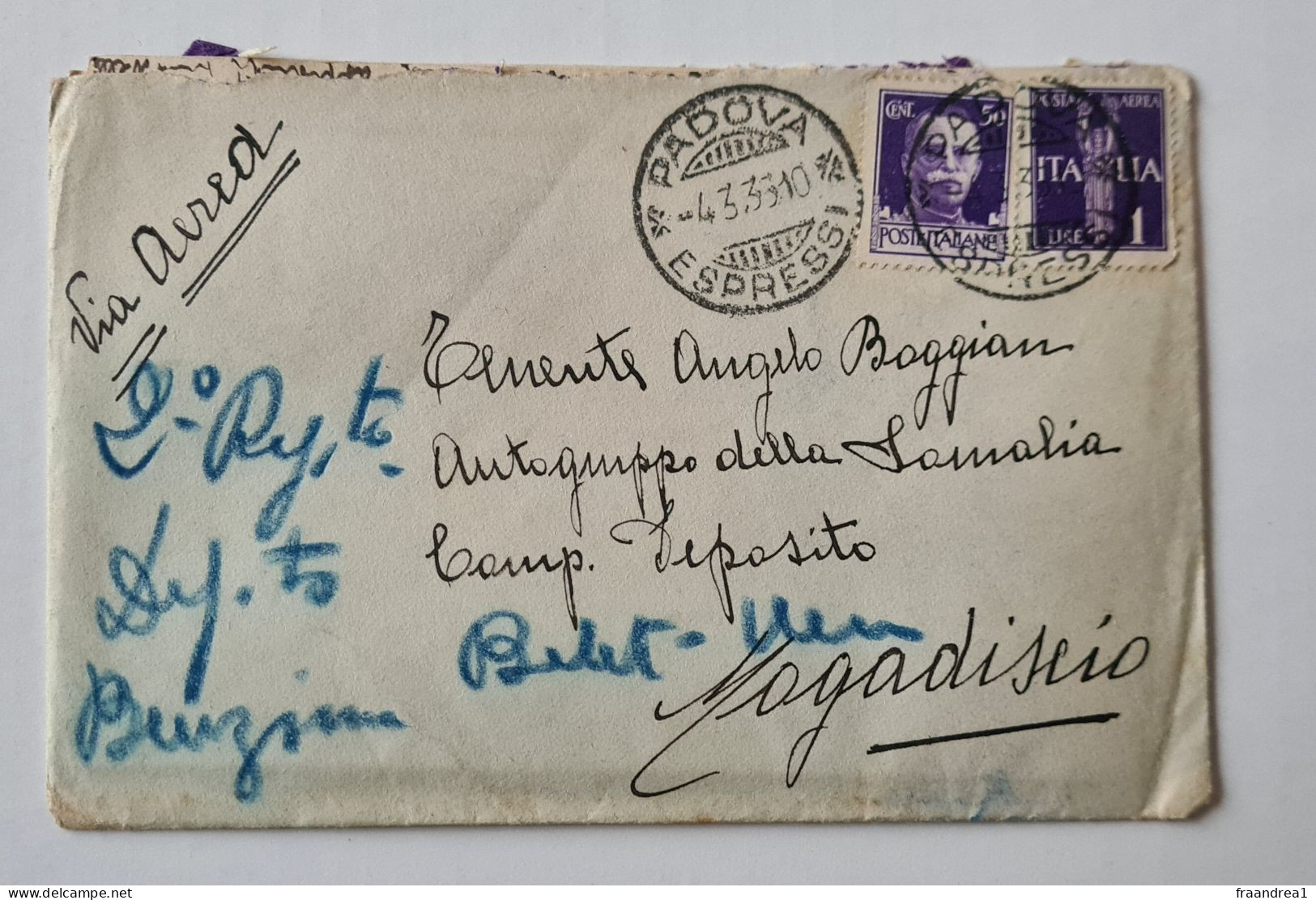 STORIA POSTALE  ITALIA  SOMALIA PADOVA X MOGADISCIO +  Belet Uen 1935 1 Lira +50 Gemello - Marcofilie (Luchtvaart)