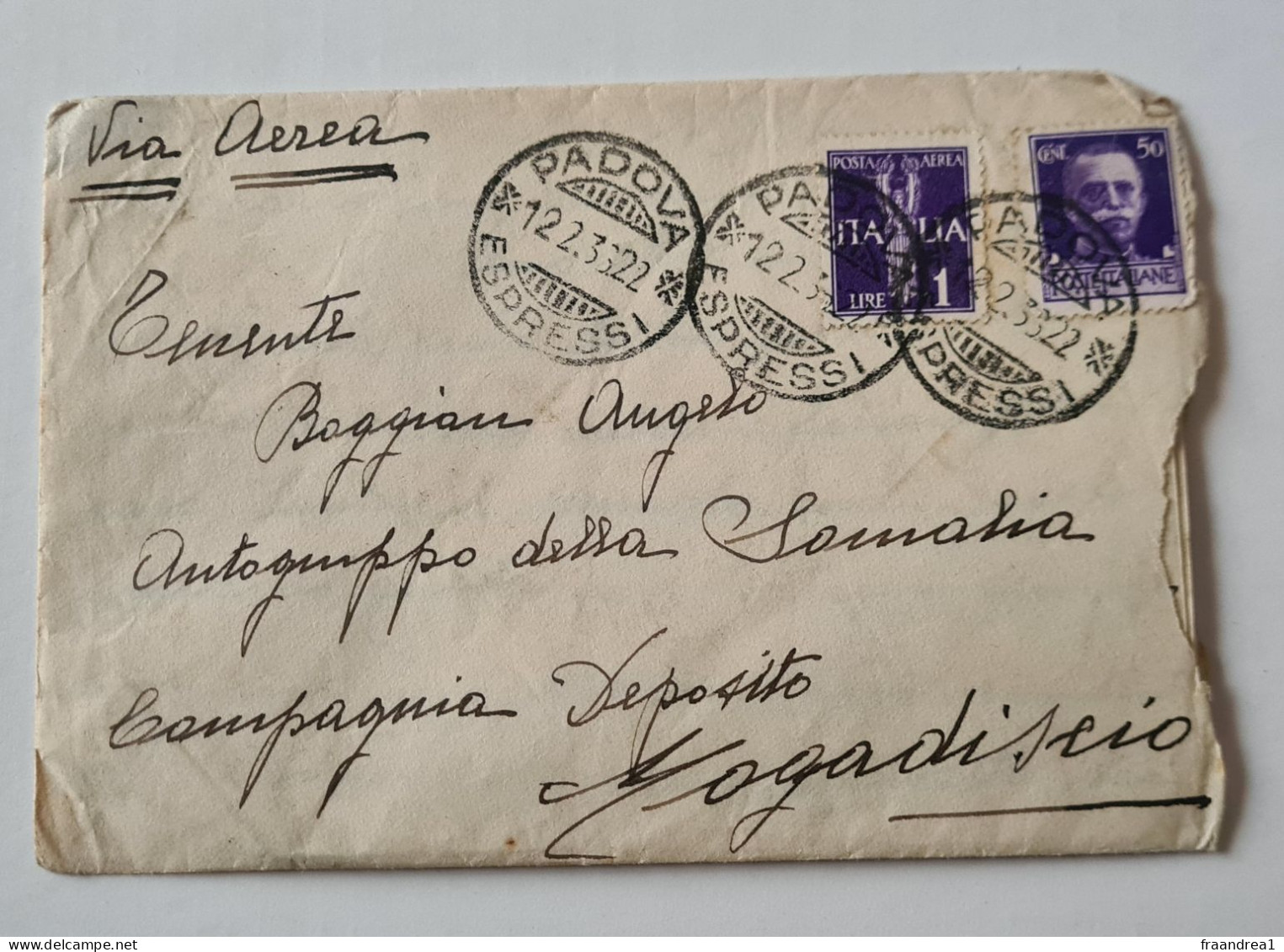 STORIA POSTALE  ITALIA  SOMALIA PADOVA X MOGADISCIO  1935 1 Lira +50 - Marcofilie (Luchtvaart)