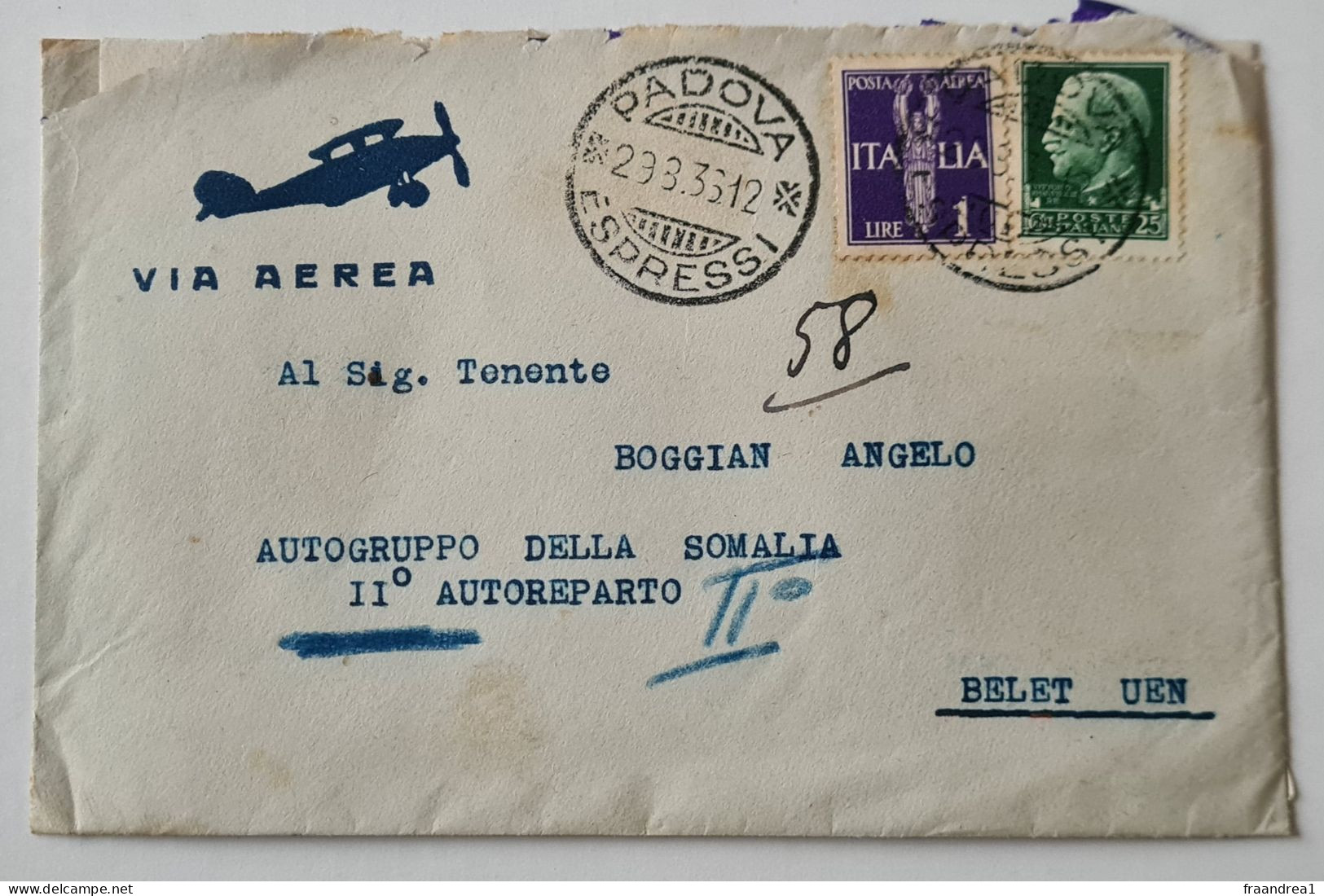 STORIA POSTALE  ITALIA  SOMALIA PADOVA X MOGADISCIO  1935 1 Lira +25 Rara - Marcophilie (Avions)