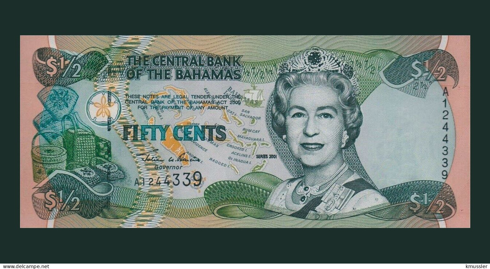 # # # Banknote Bahamas (P-68) ½ Dollar 2001 UNC # # # - Bahama's