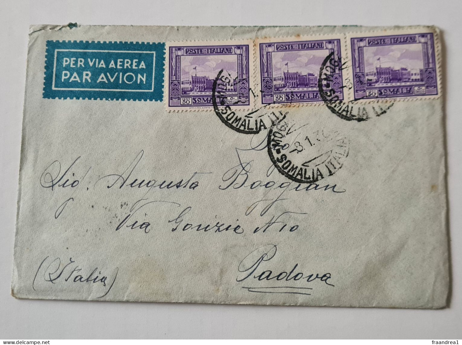 STORIA POSTALE    SOMALIA Italia MOGADISCIO  X PADOVA 50 CENT X 3  1935  Rara - Storia Postale (Posta Aerea)