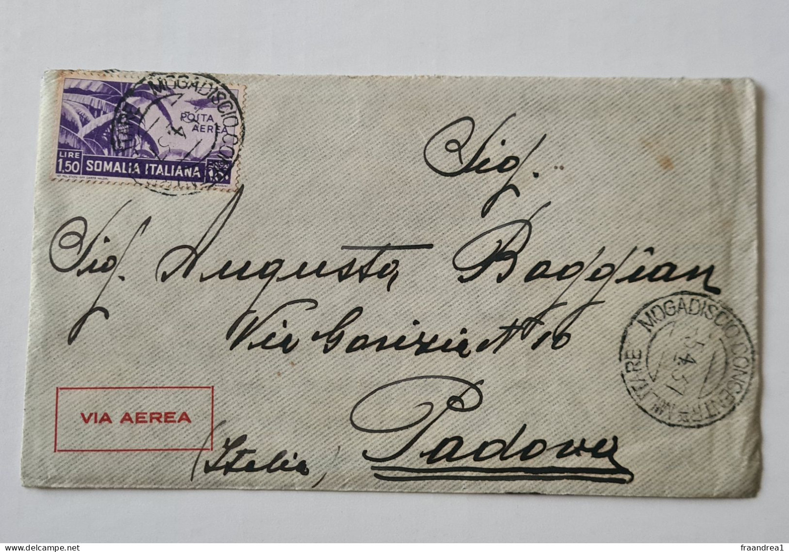 STORIA POSTALE    SOMALIA MOGADISCIO  CONCENT. MIL  1,50 LIRE AEREA X PADOVA   Rara - Poststempel (Flugzeuge)