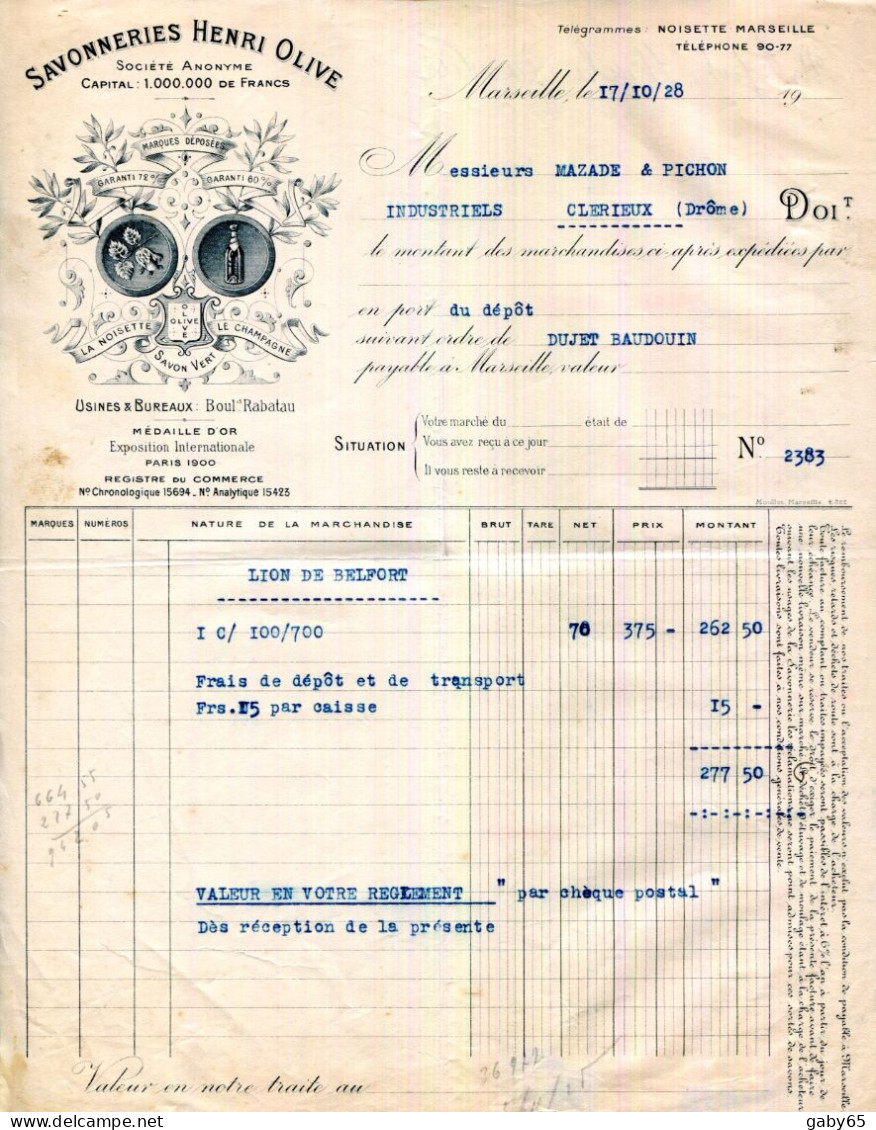 FACTURE.13.MARSEILLE.SAVONNERIE HENRI OLIVE BOULEVARD RABATAU. - Chemist's (drugstore) & Perfumery