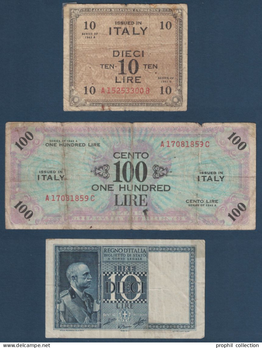 ITALIE - LOT De 3 BILLETS (ETAT) Avec 10 Et 100 LIRE Dont 2 X OCCUPATION ALLIÉS SECONDE GUERRE MILITAIRE WW2 - Occupation Alliés Seconde Guerre Mondiale