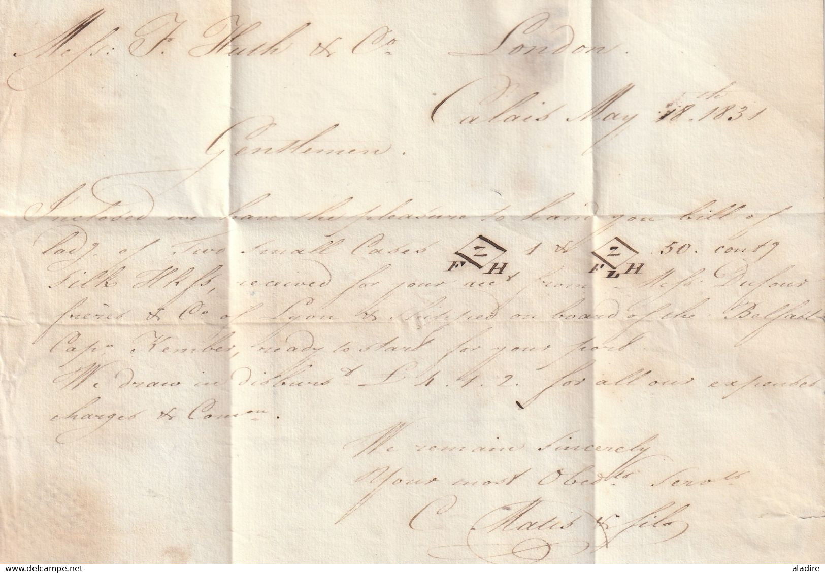 1831 - Lettre Pliée Avec Correspondance En Anglais De CALAIS Vers CORNHILL, LONDON (où Il Est Question De Soie) - 1801-1848: Précurseurs XIX