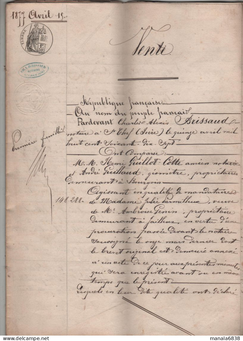 Vente 1877 Procuration Guillon Cotte Notaire Géomètre Bourgoin Parmilleux Genin Jailleux Léon Salagnon Domaine 25 Ha - Non Classés