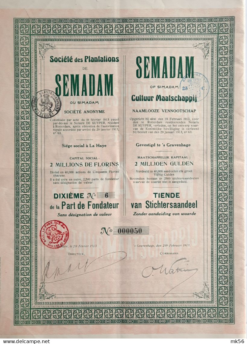 SEMADAM Cultuurmaatschappij - S'Gravenhage  - 1913 - 1/10e Stichtersaandeel - Agricultura