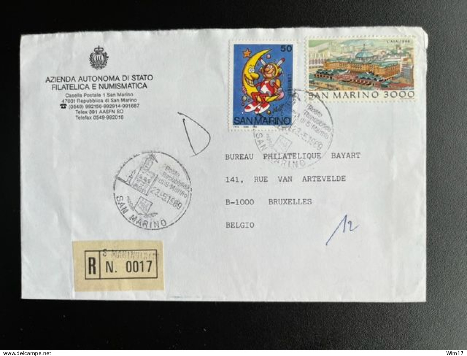 SAN MARINO 1989 REGISTERED LETTER SAN MARINO TO BRUSSELS 23-05-1989 - Briefe U. Dokumente