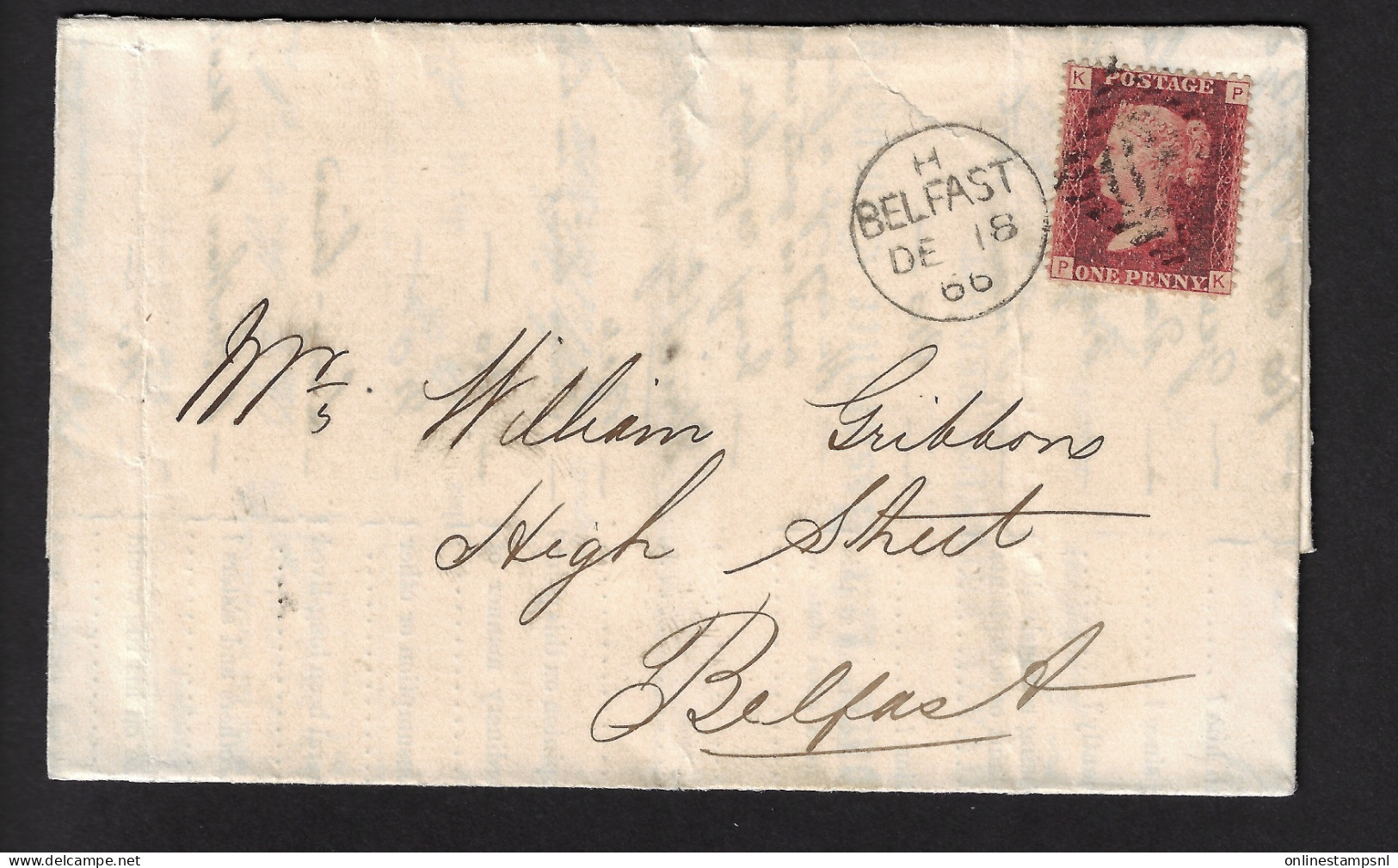 GB Complete Letter Belfast  Duplexcancel 12 Lines 62 ,  H Belfast DE 18 66    Used In Ireland - Storia Postale