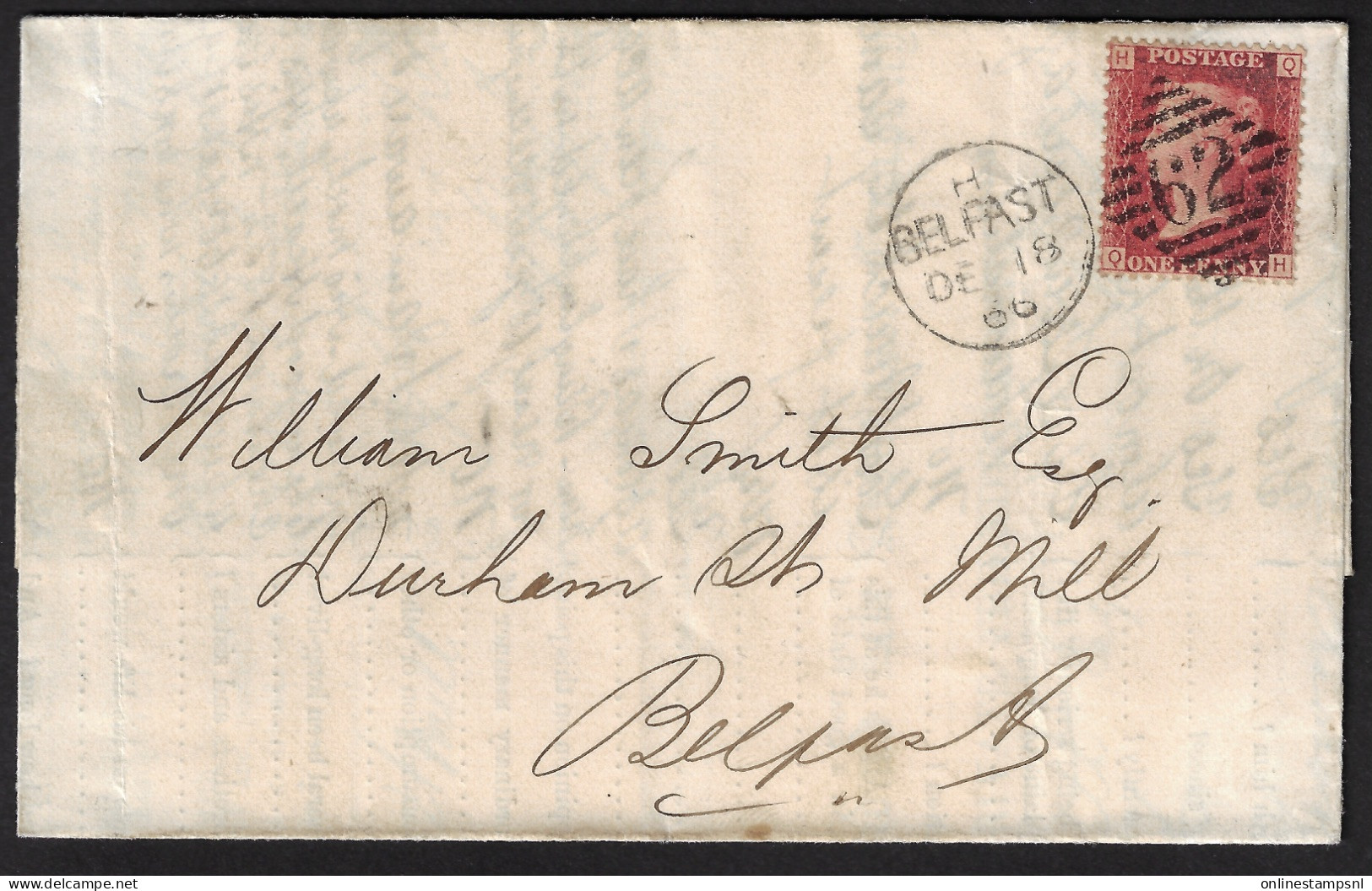 GB Complete Letter Belfast  Duplexcancel 12 Lines 62 ,  Pl 92 QH H Belfast DE 18 66    Used In Ireland - Briefe U. Dokumente