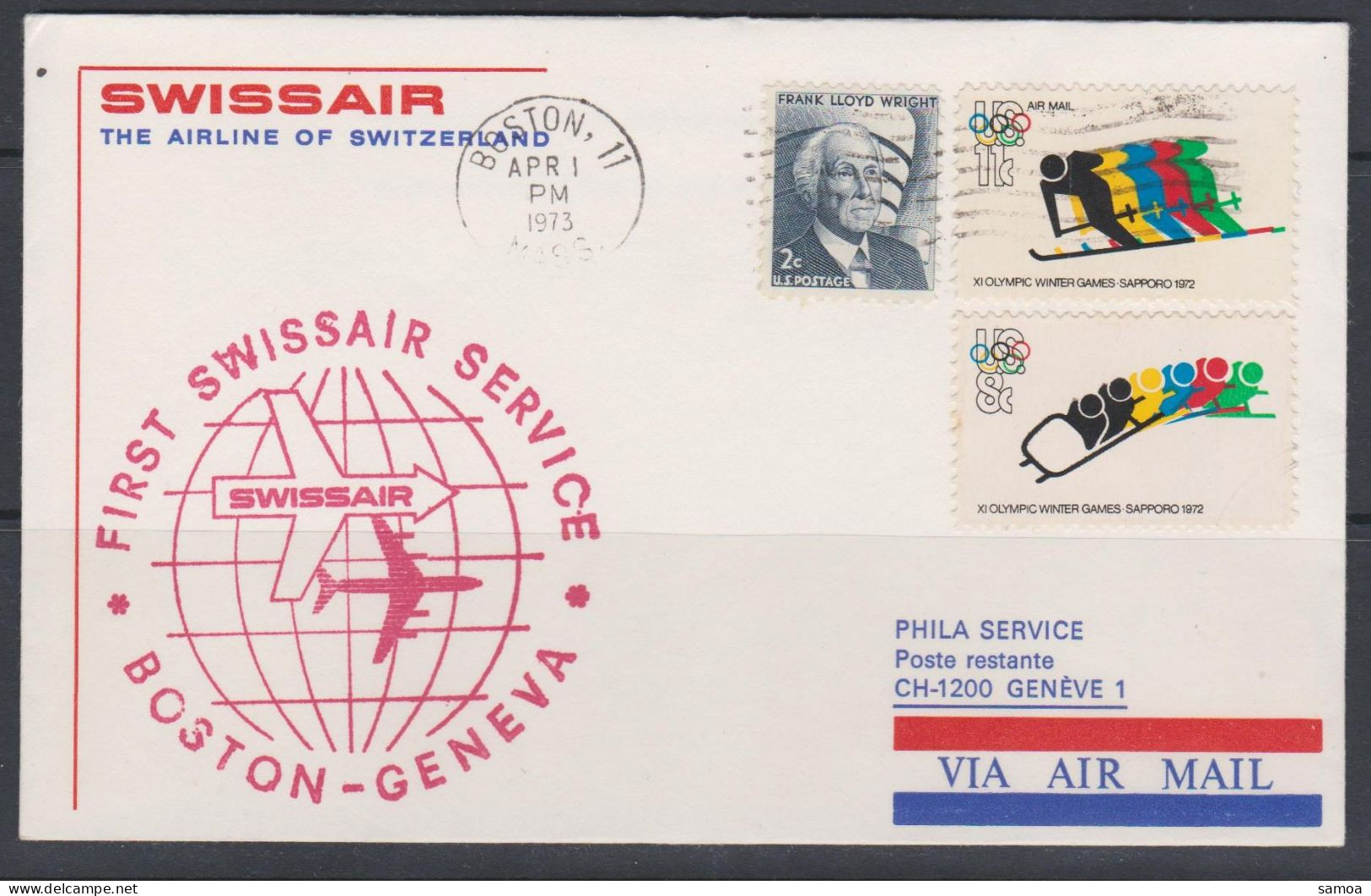 États-Unis FDC 1973 Swissair Vol Boston Genève PA 78 JO De Sapporo - 1971-1980