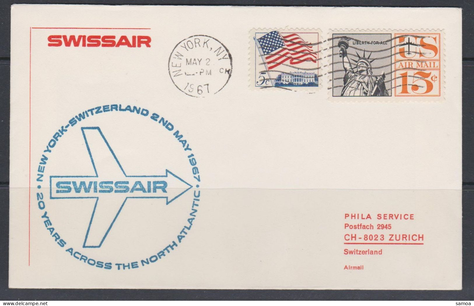 États-Unis FDC 1967 Swissair Vol New York Suisse PA 58 Statue De La Liberté Drapeau - 1961-1970