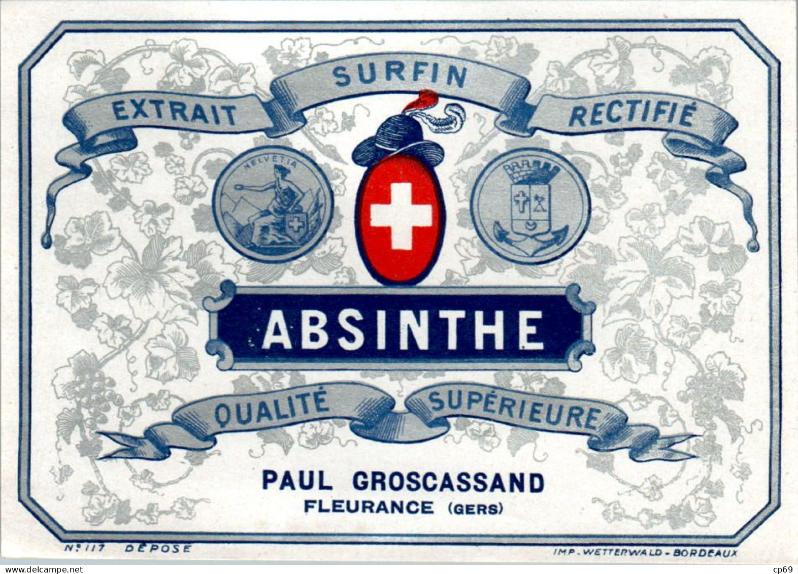 Etiquette Absinthe Alcool Paul Groscassand à Fleurance (Gers) Imp. Wetterwald à Bordeaux N°117 En TB.Etat - Alcoli E Liquori