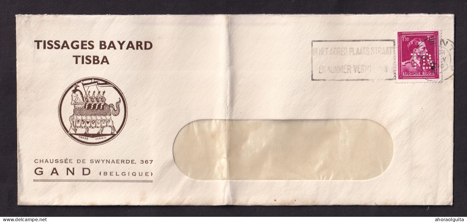 DDFF 584 -- Enveloppe TP Surcharge Locale Moins 10 % GENT 1946 - Perfo T.B., Entete Tissage Bayard ( Position 1) - 1934-51